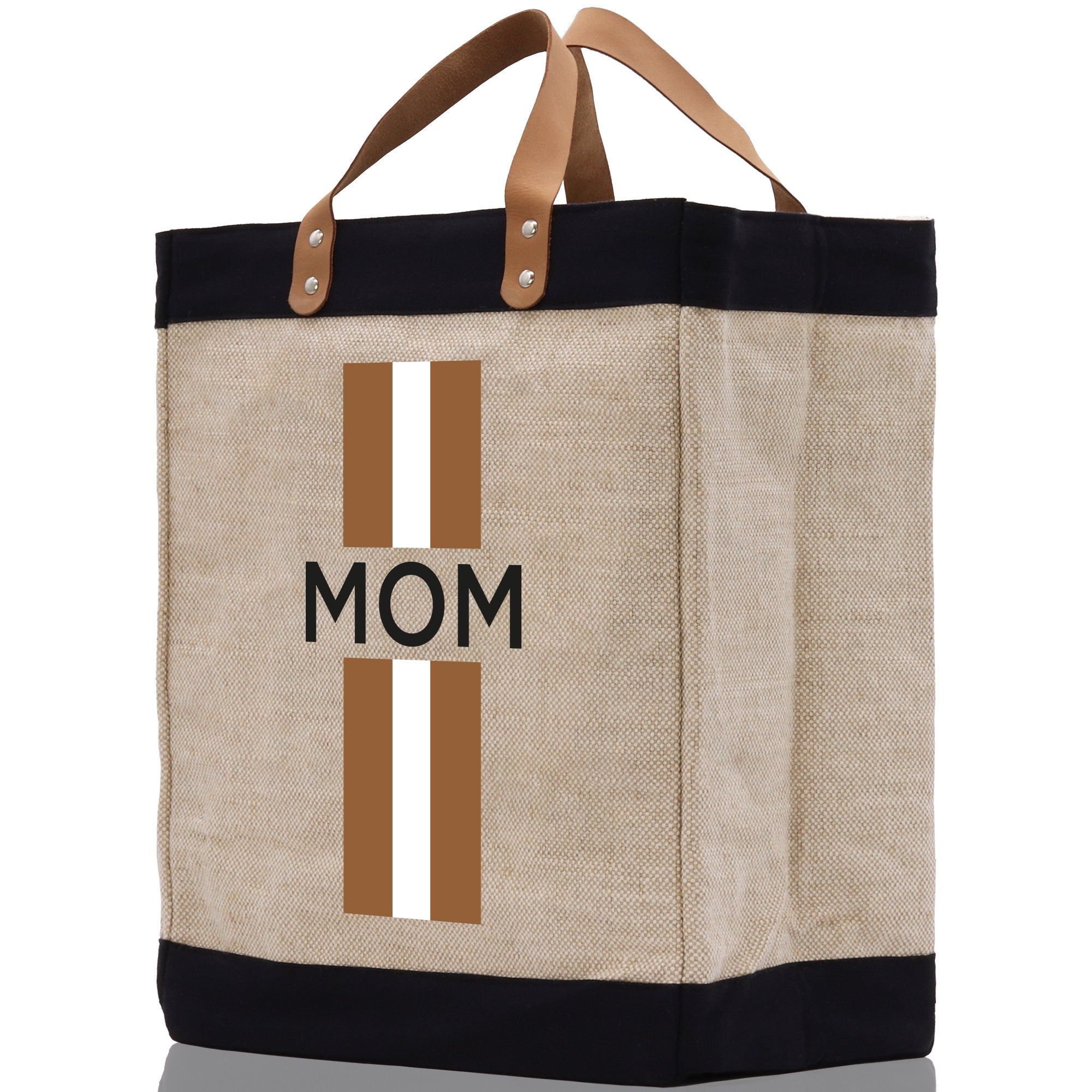 a jute bag with the word mom printed on it