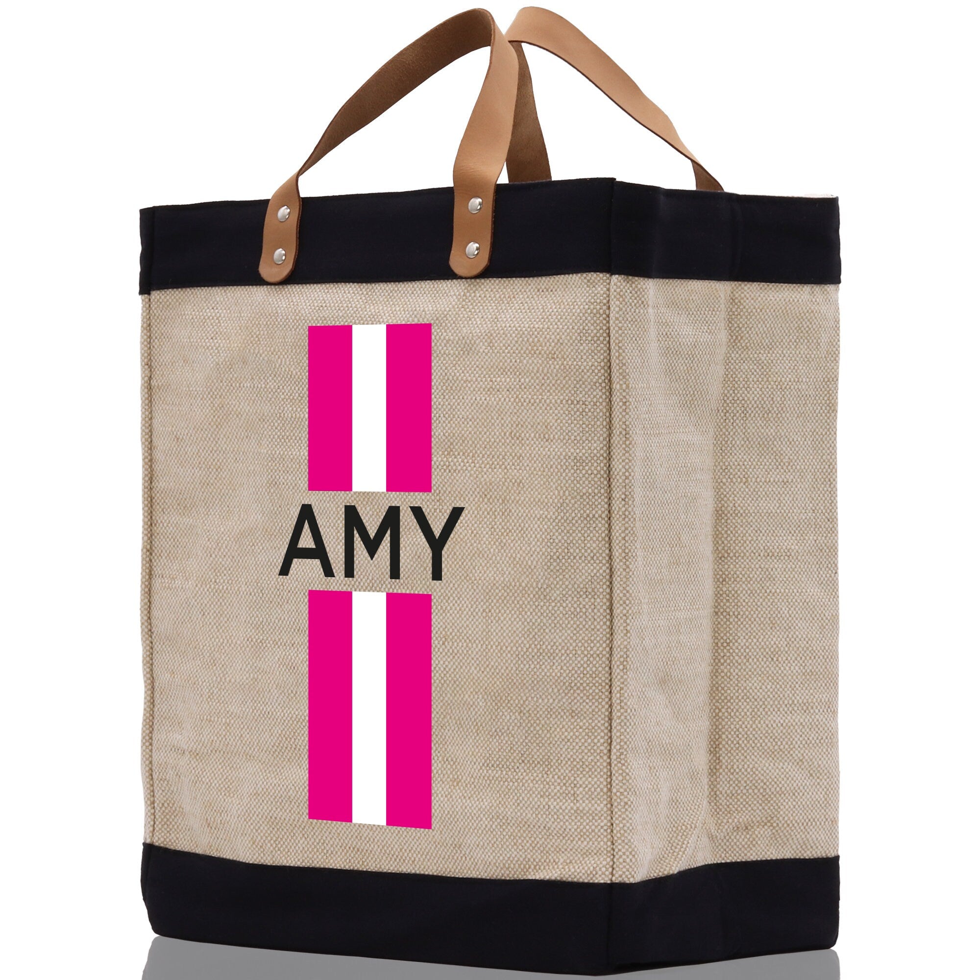 a jute bag with a pink and white stripe on it