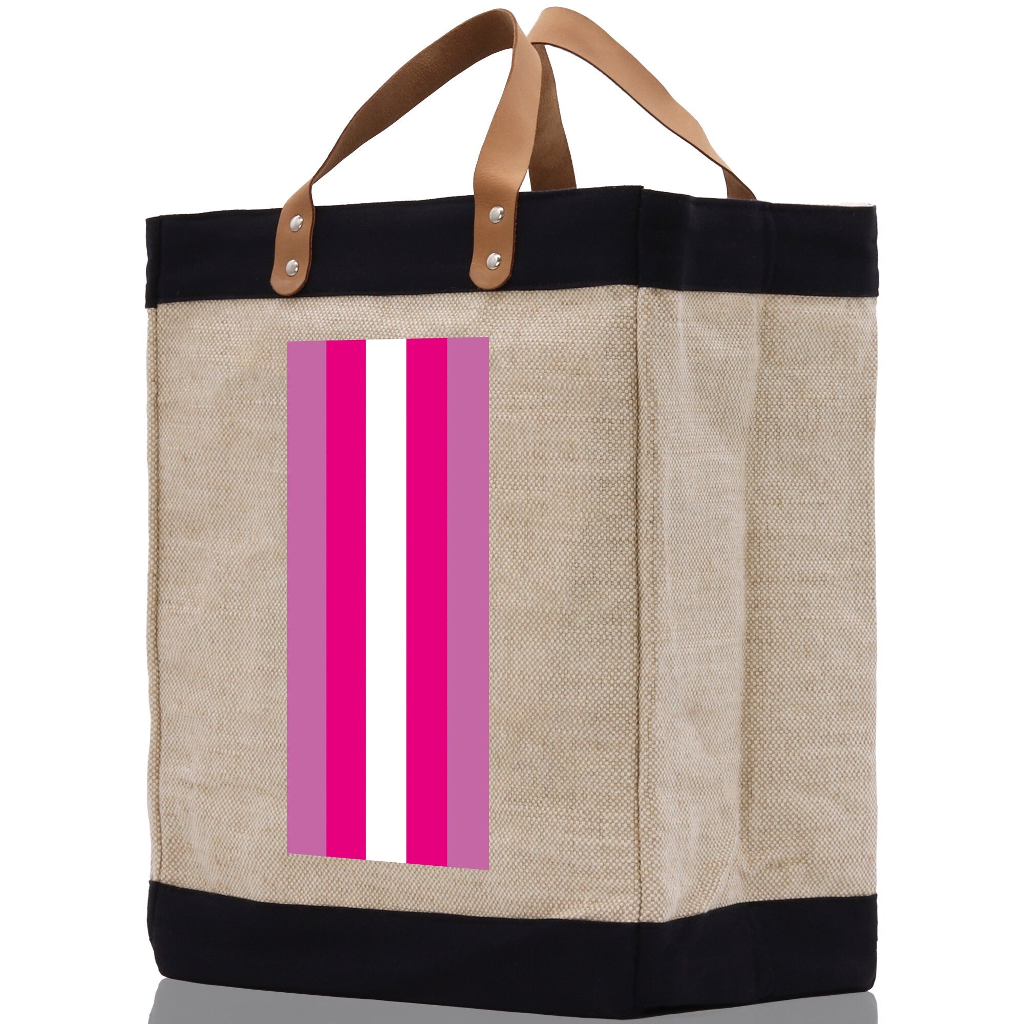 a jute bag with pink and white stripes