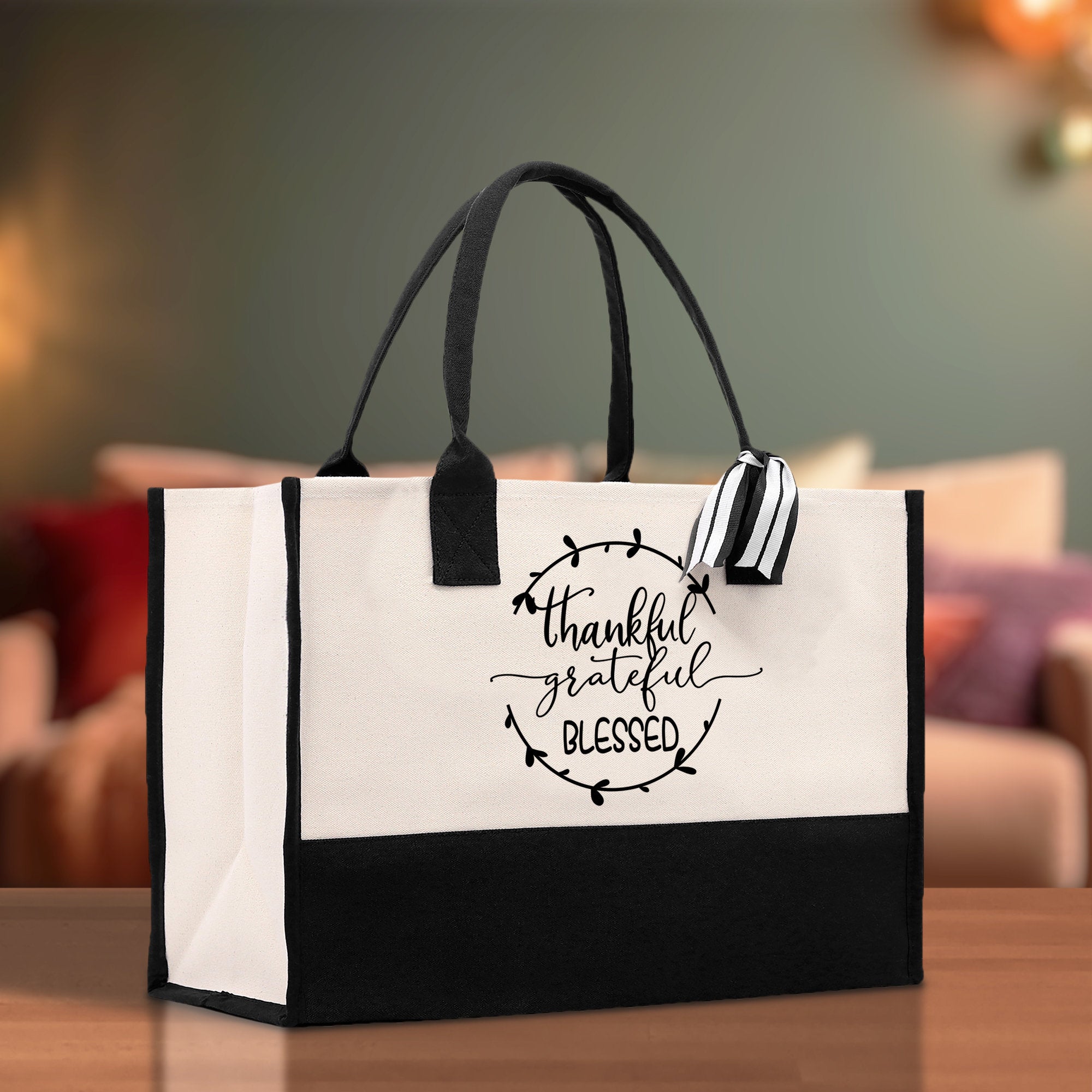 Thankful Grateful Blessed Cotton Canvas Tote Bag Thanksgiving Bag Autumn Fall Vibes Bag Motivational Bag Blessed Bag Fall Market Grocery Bag