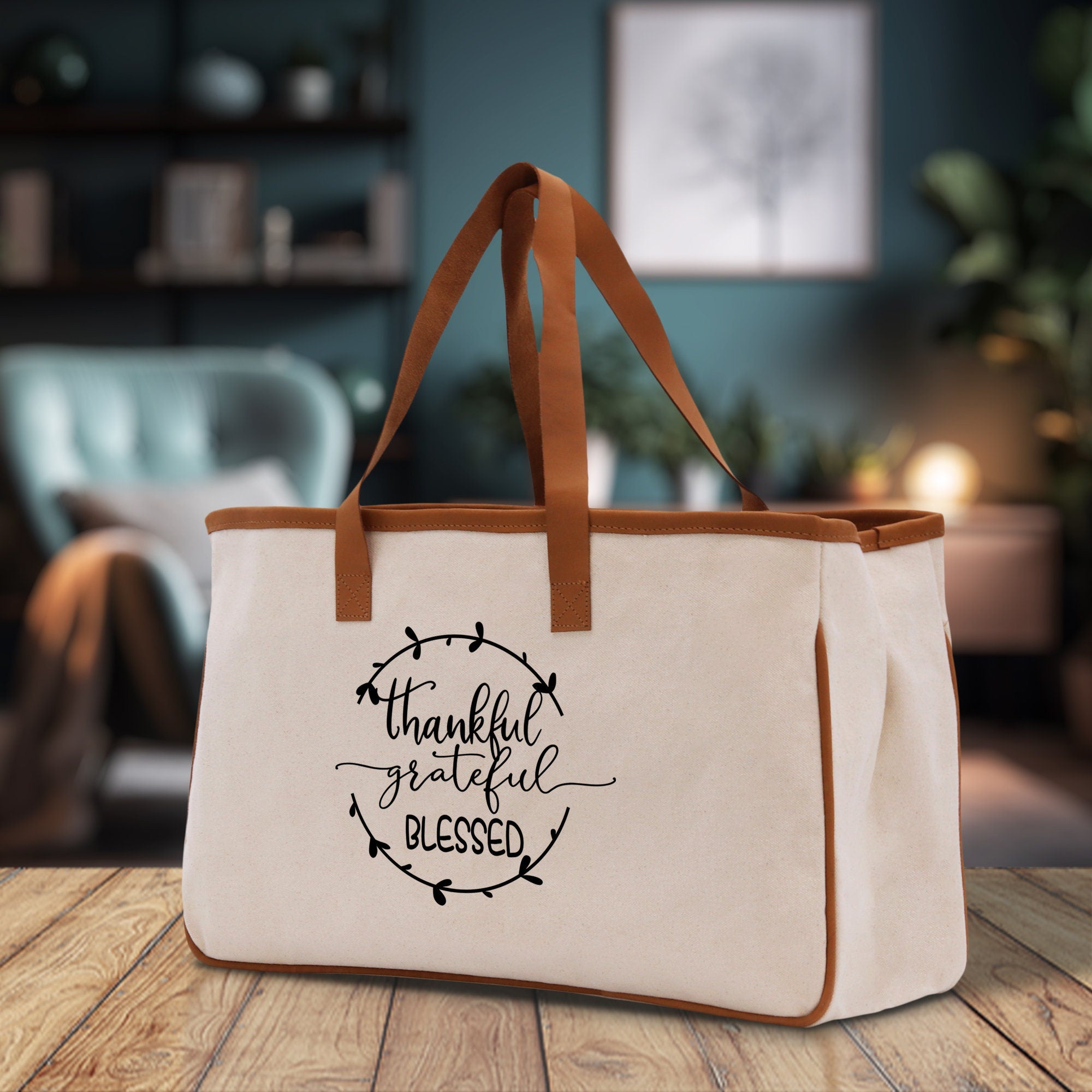 Thankful Grateful Blessed Cotton Canvas Tote Bag Thanksgiving Bag Autumn Fall Vibes Bag Motivational Bag Blessed Bag Fall Market Grocery Bag