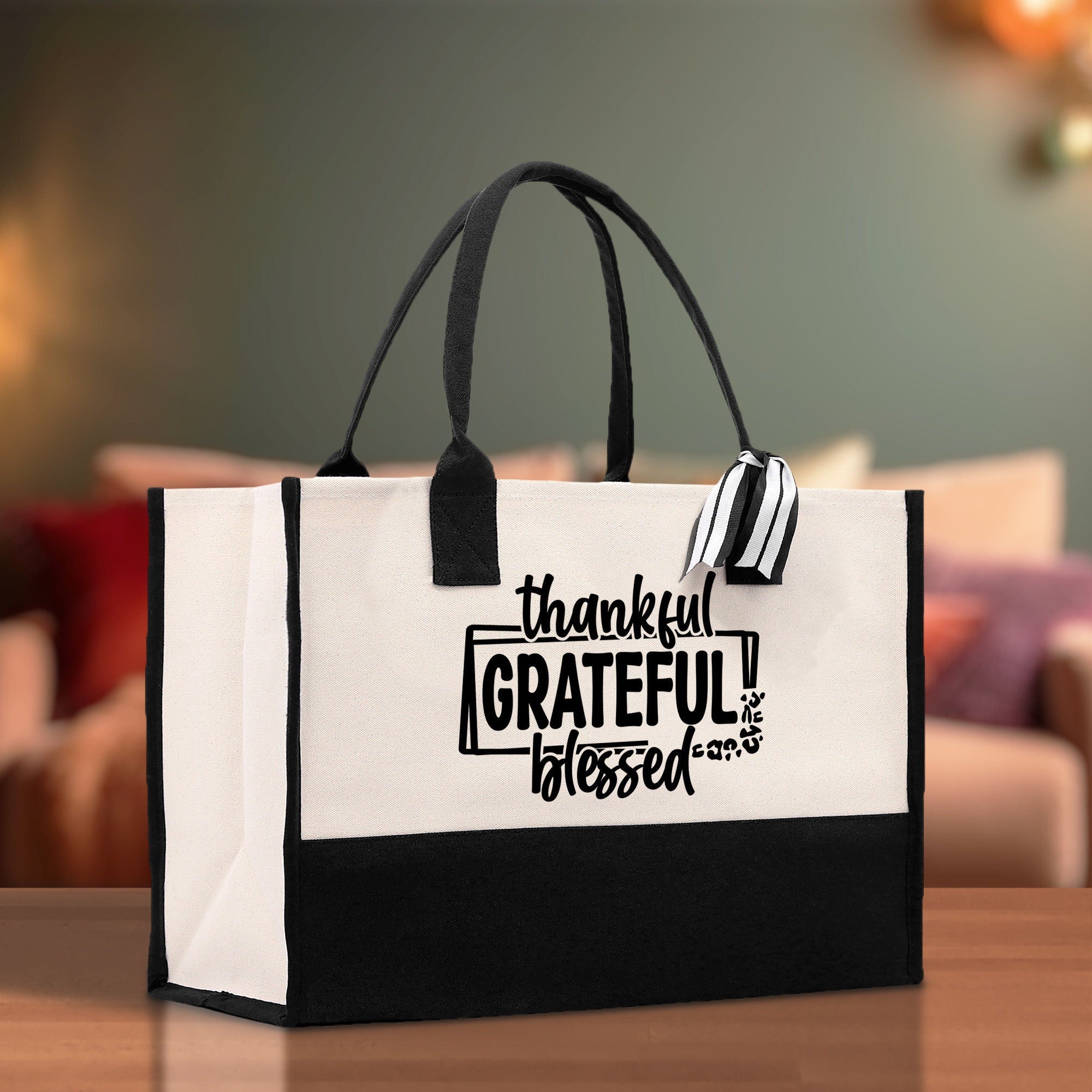 Thankful Grateful Blessed Cotton Canvas Tote Bag Thanksgiving Bag Autumn Fall Vibes Bag Motivational Bag Blessed Bag Fall Market Grocery Bag