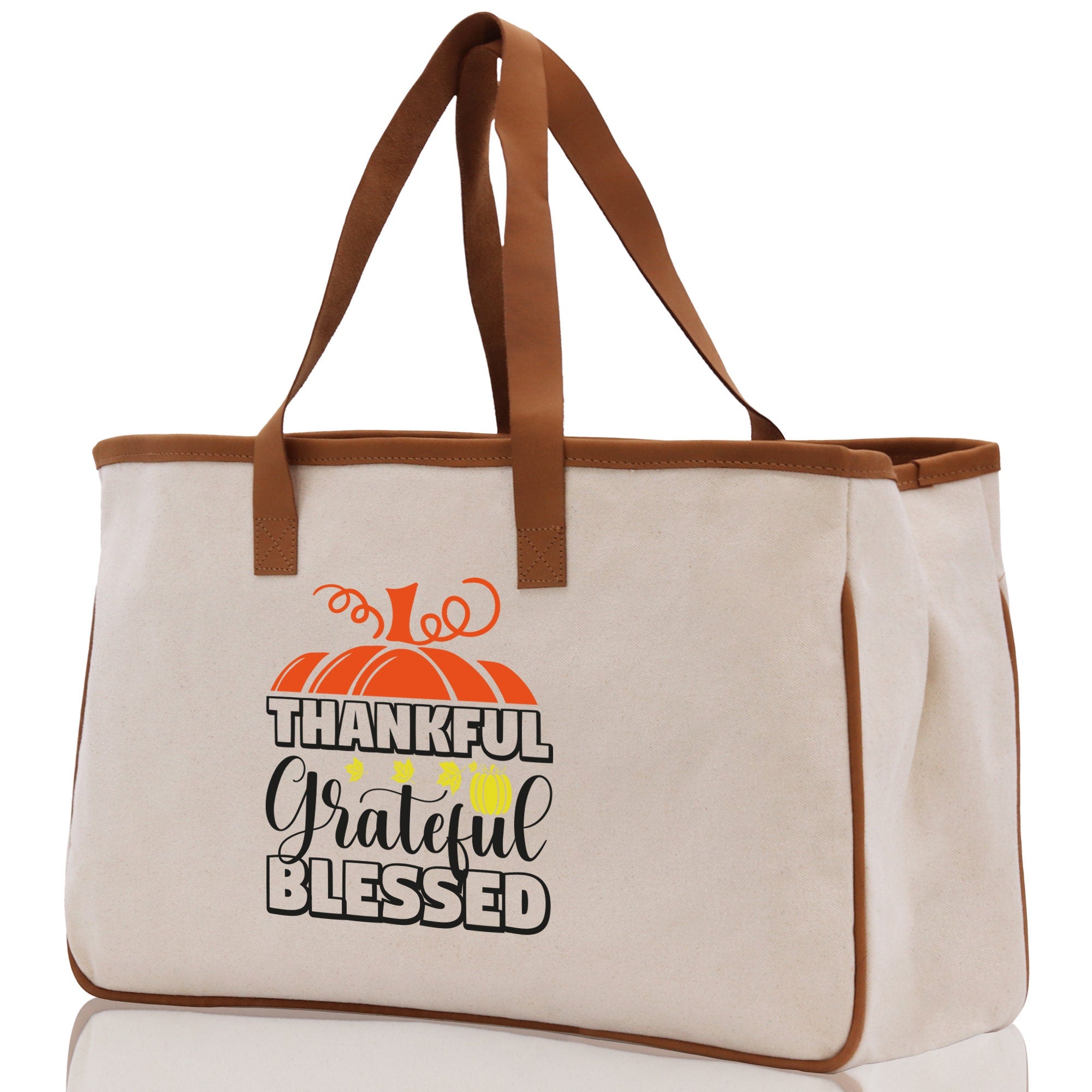 Thankful Grateful Blessed Cotton Canvas Tote Bag Thanksgiving Bag Autumn Fall Vibes Bag Motivational Bag Blessed Bag Fall Market Grocery Bag