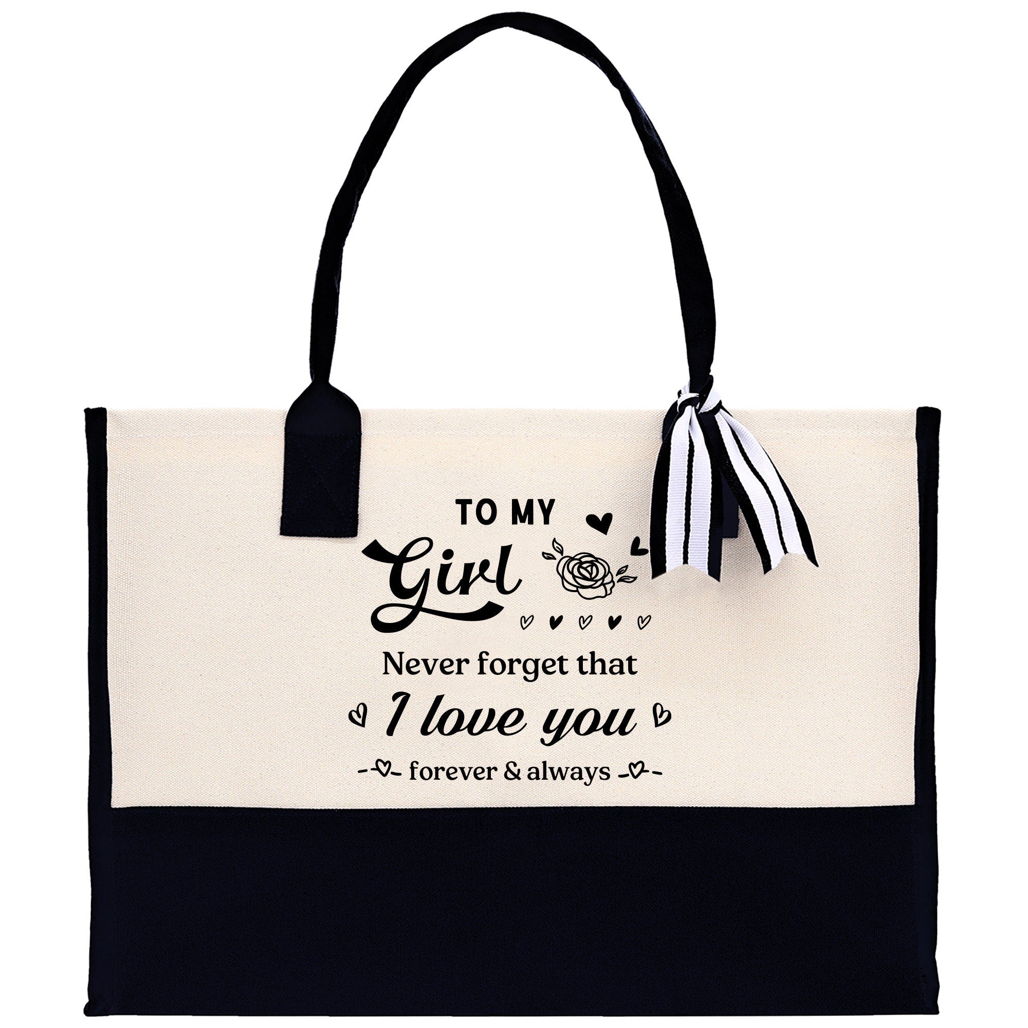 a black and white bag with a quote on it