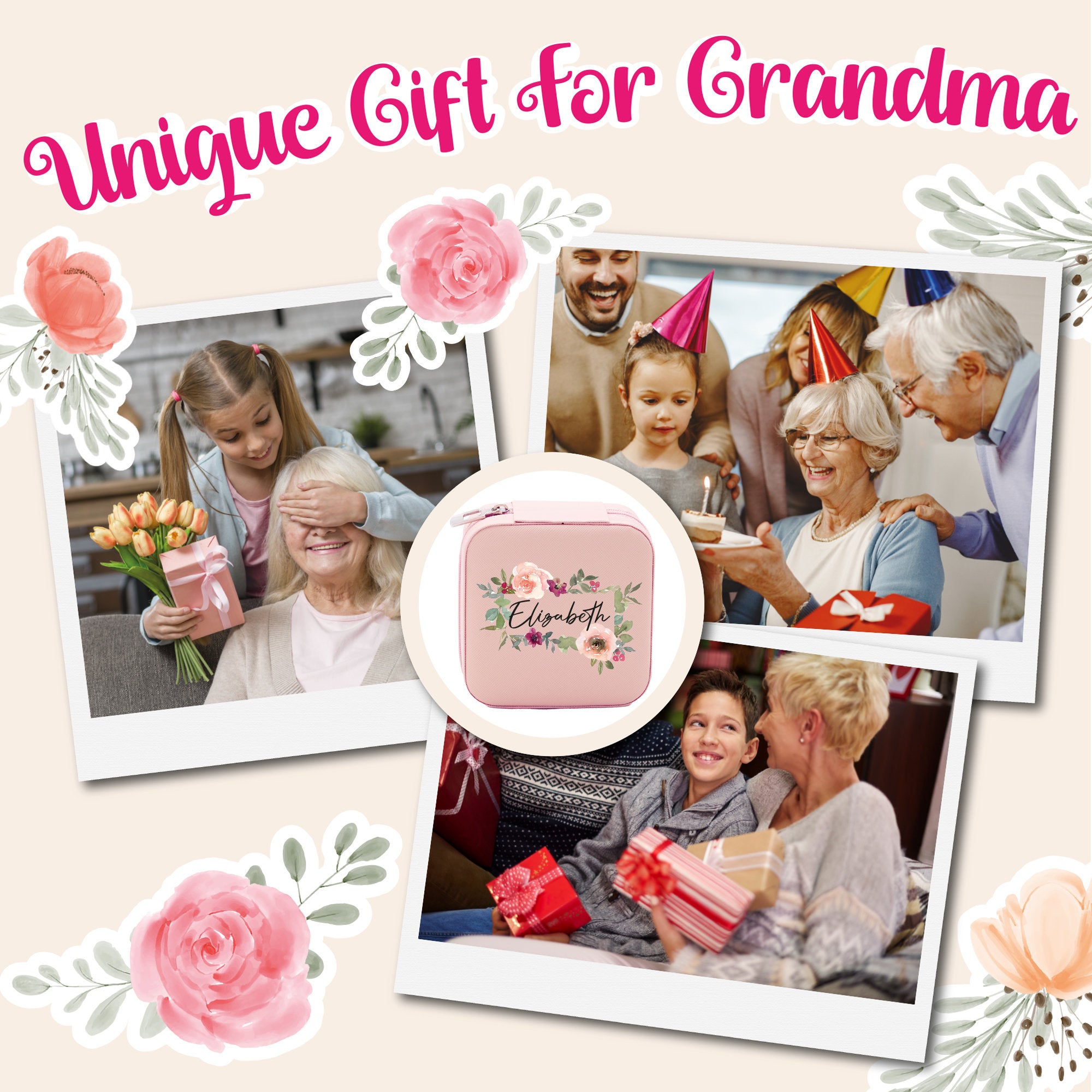 a collage of photos with flowers and a gift box