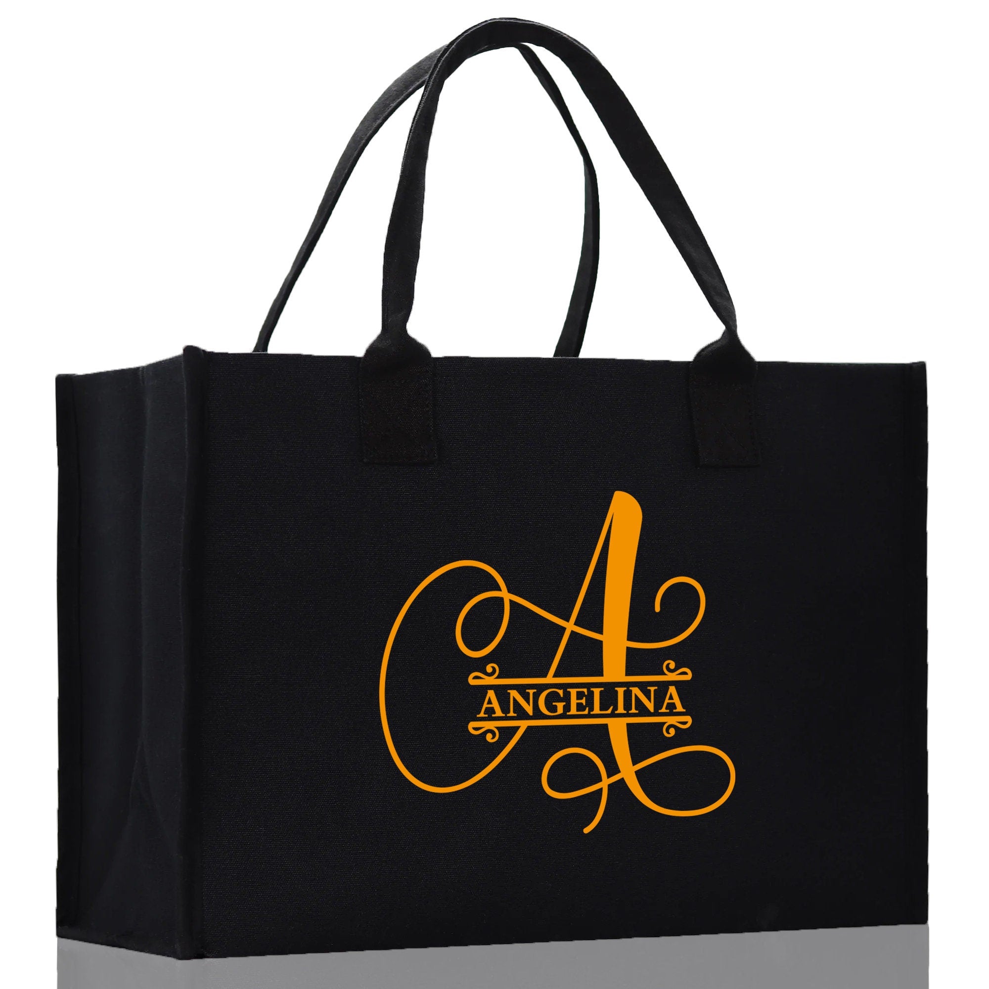 a black shopping bag with an orange logo