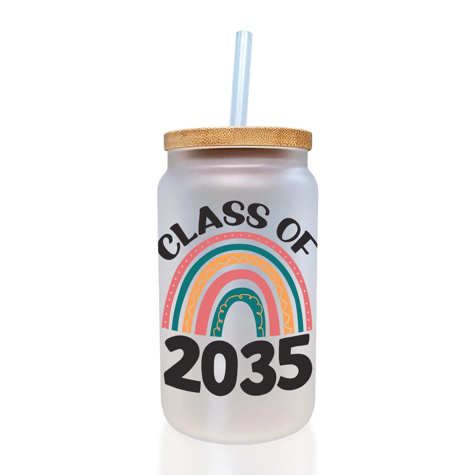 a glass with a straw in it that says class of 205