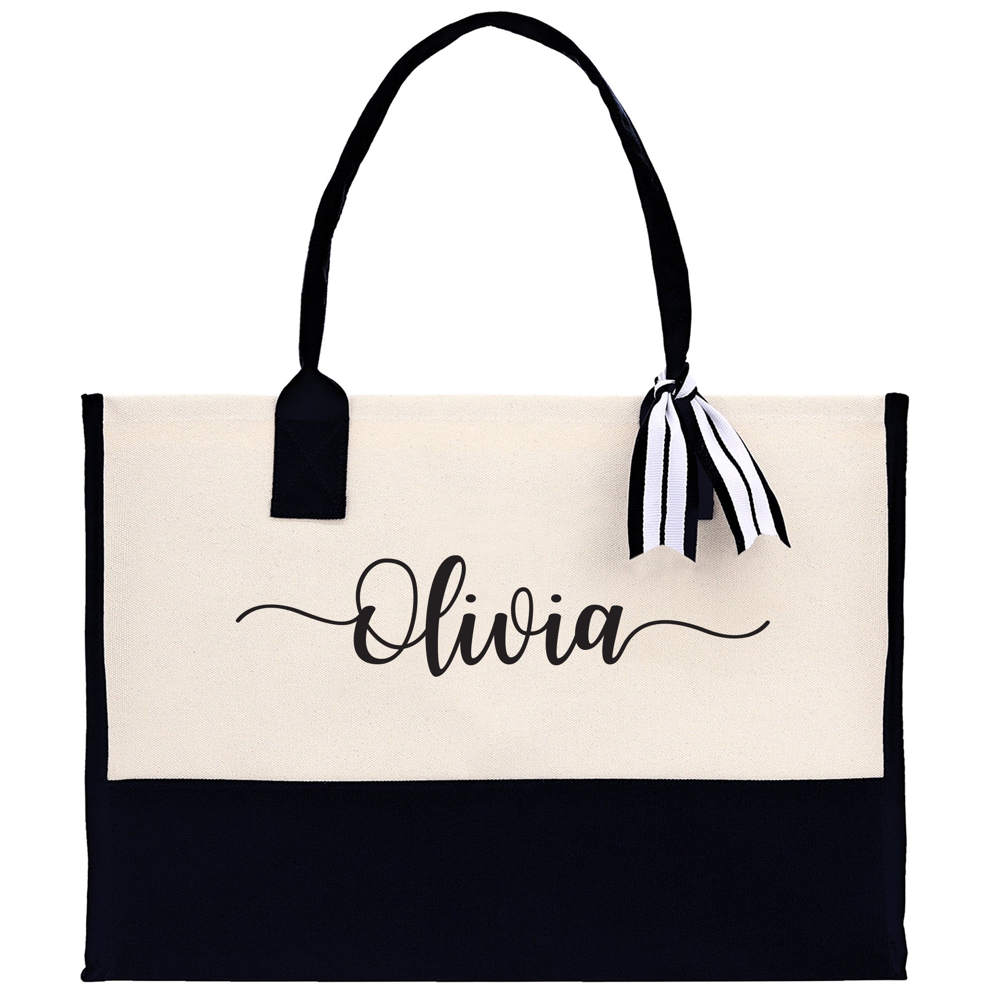 a black and white bag with a name on it