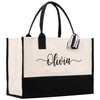 a black and white shopping bag with a name on it