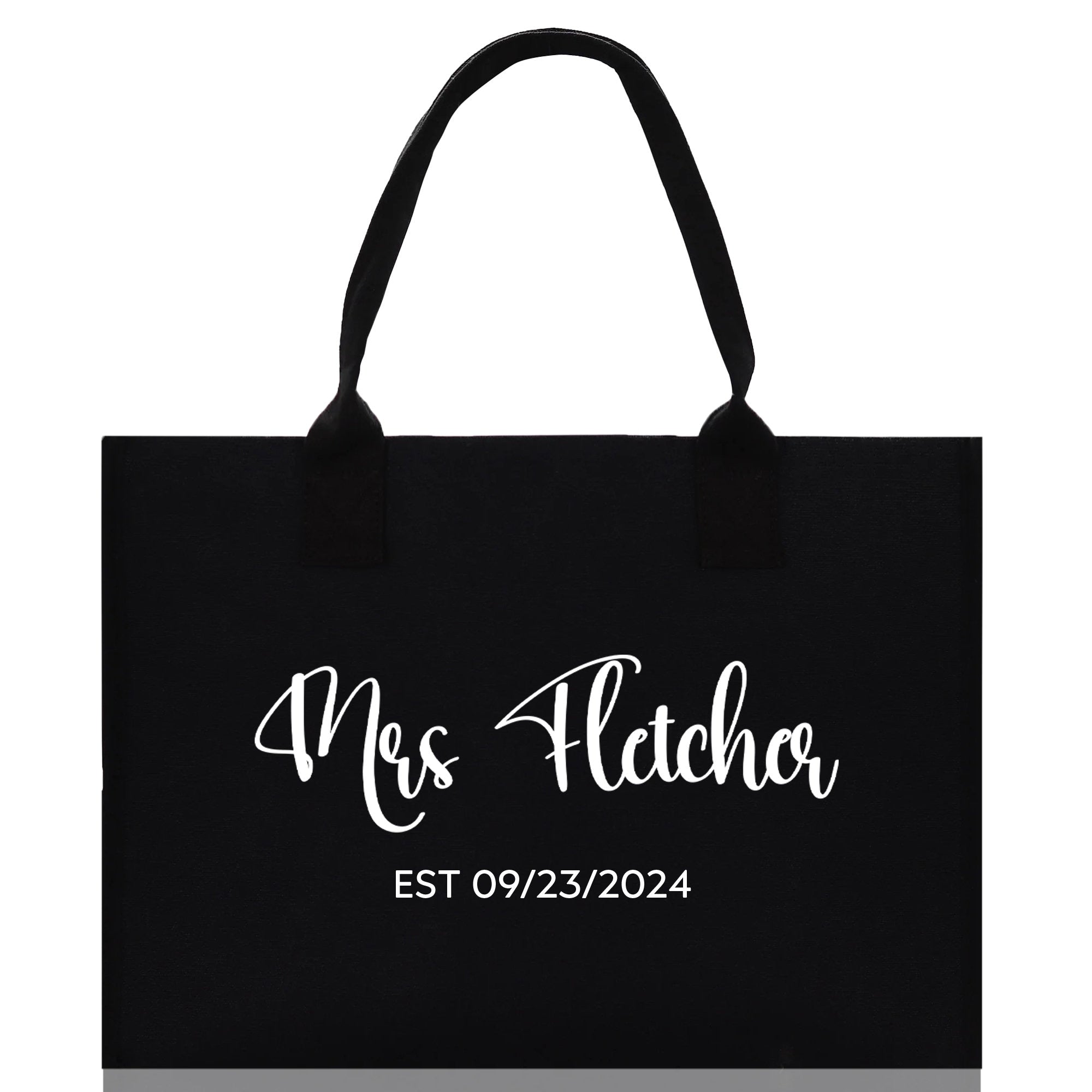 a black tote bag with a white logo