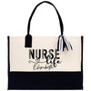 a black and white purse with a nurse on it