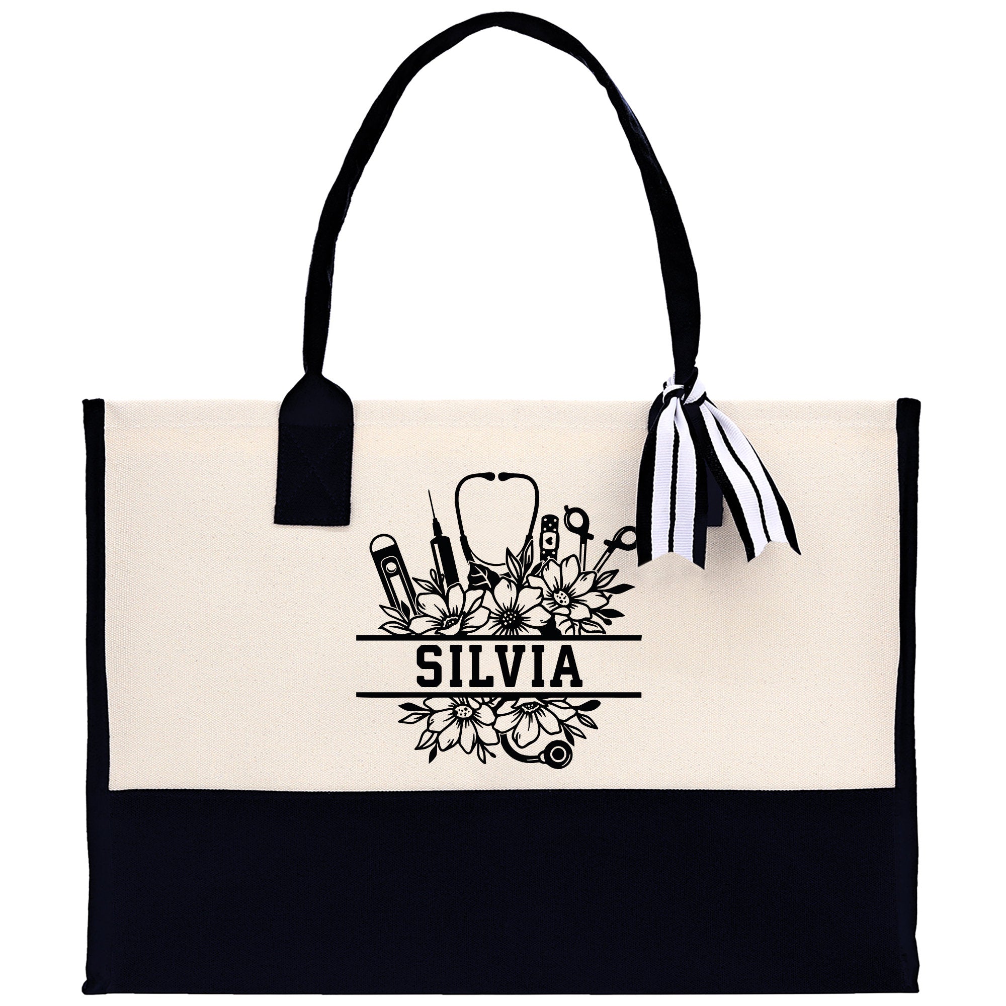 a black and white bag with a black handle