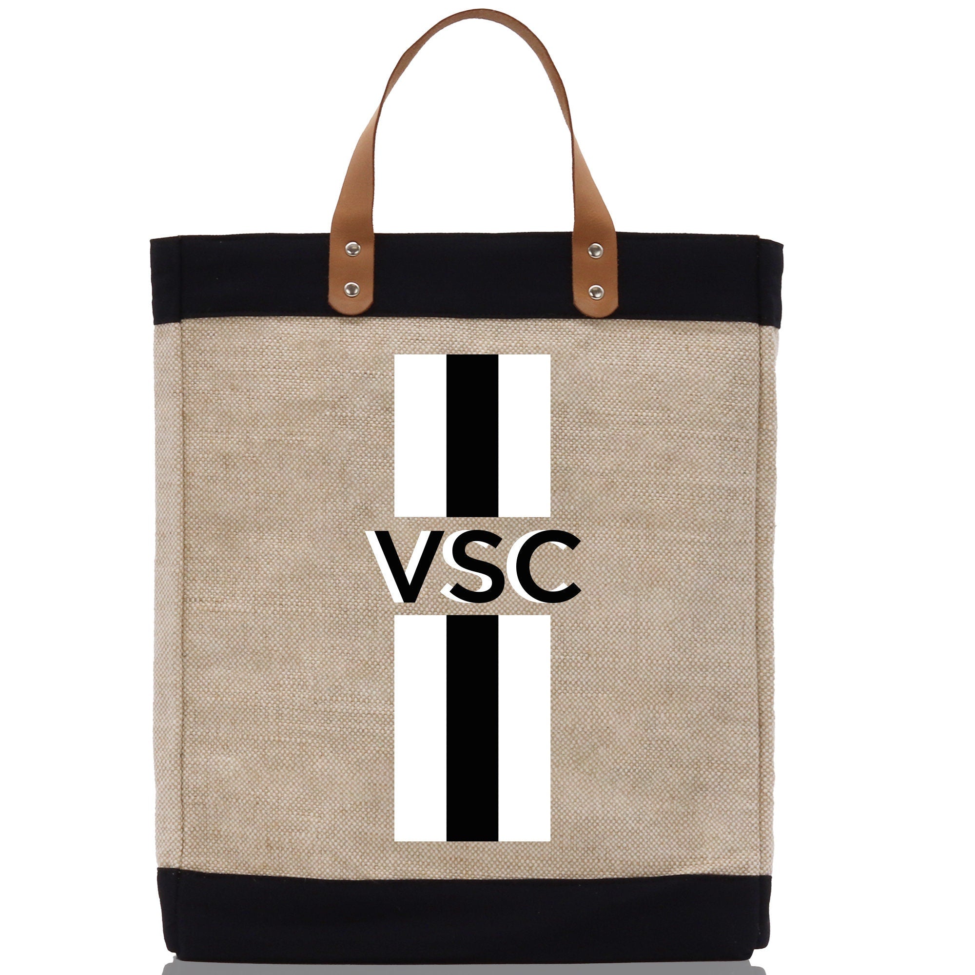 a tote bag with a black and white stripe