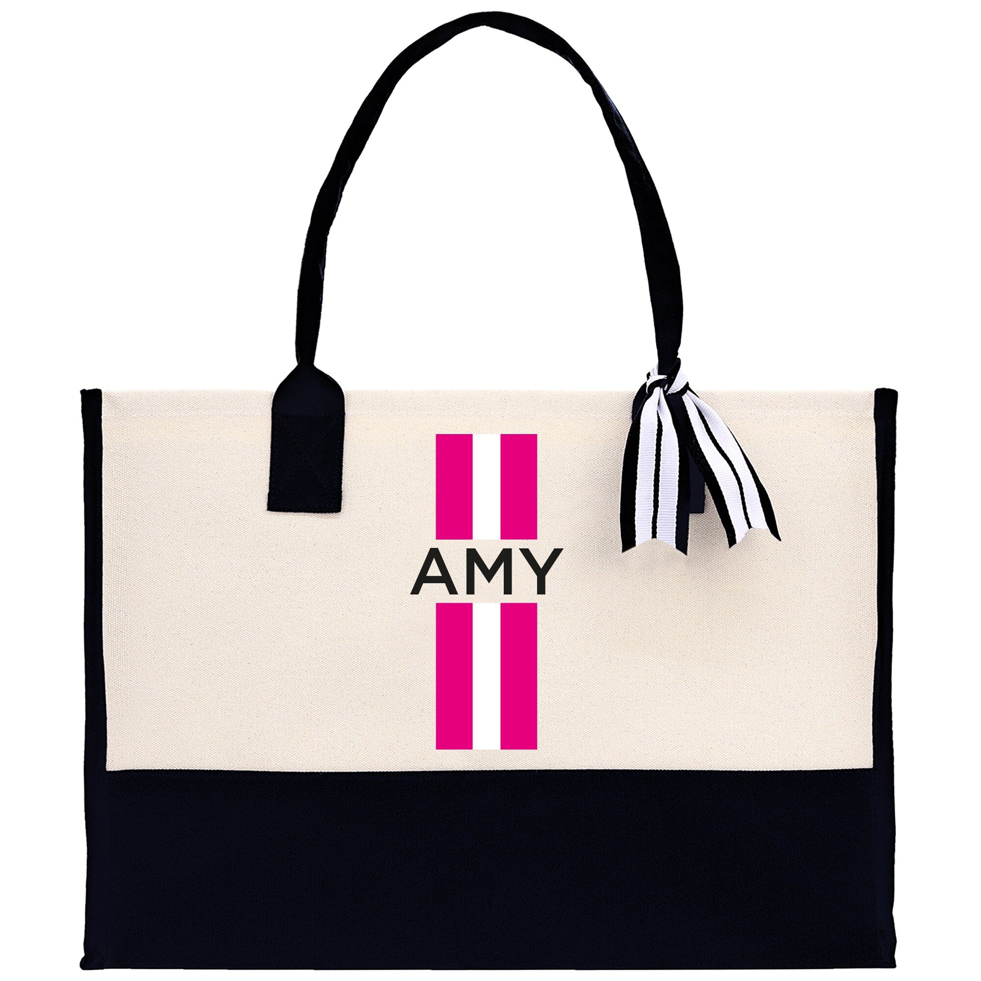 a black and white bag with a pink and white stripe