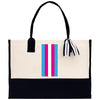 a black and white bag with a pink and blue stripe on it
