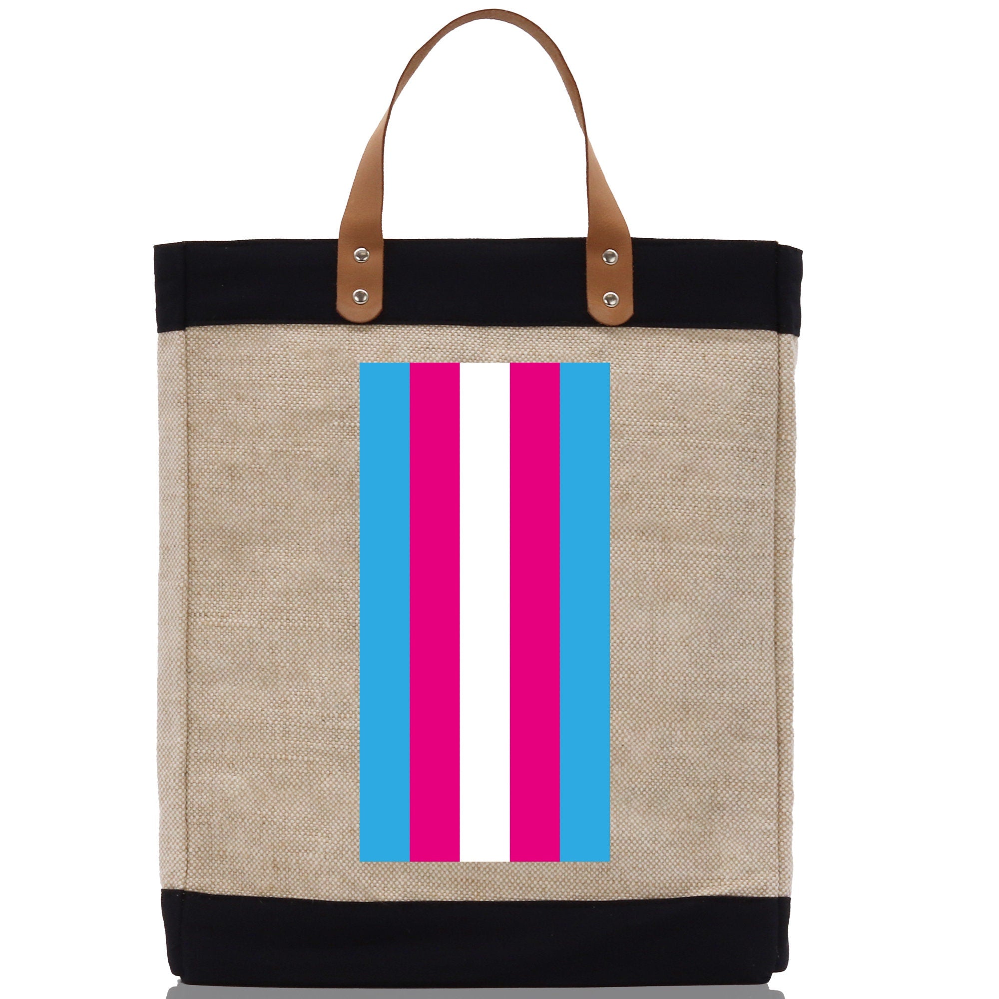 a bag with a pink, blue, and white stripe on it