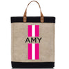 a pink and white striped tote bag