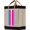 a jute bag with a pink and blue stripe on it