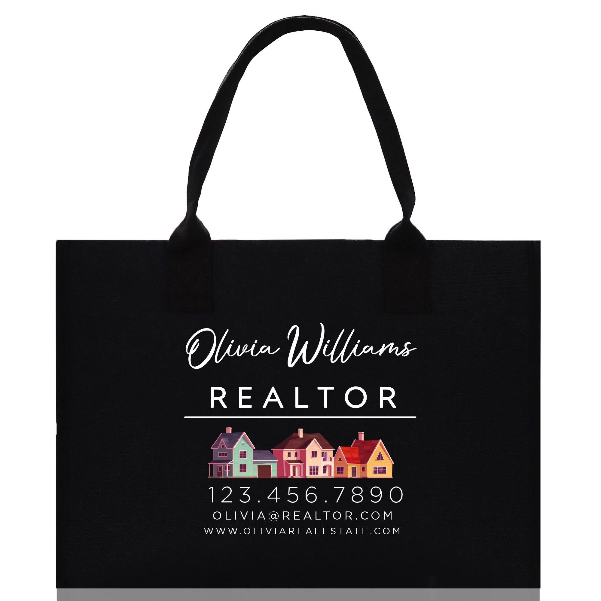 a black shopping bag with a realtor logo on it