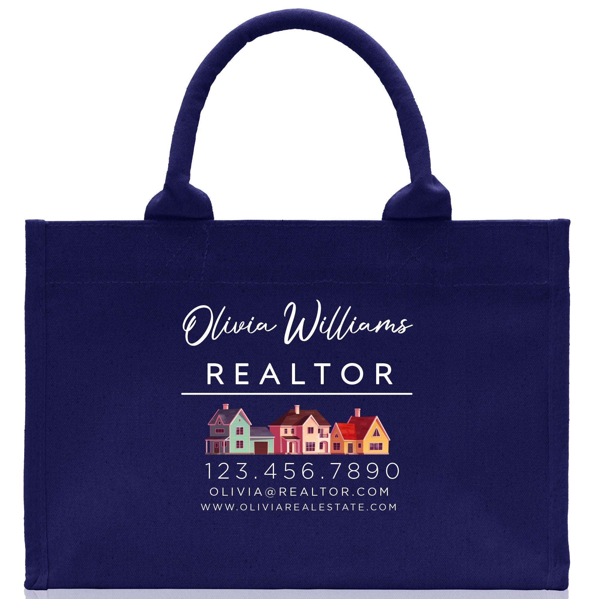 a blue shopping bag with a realtor logo on it