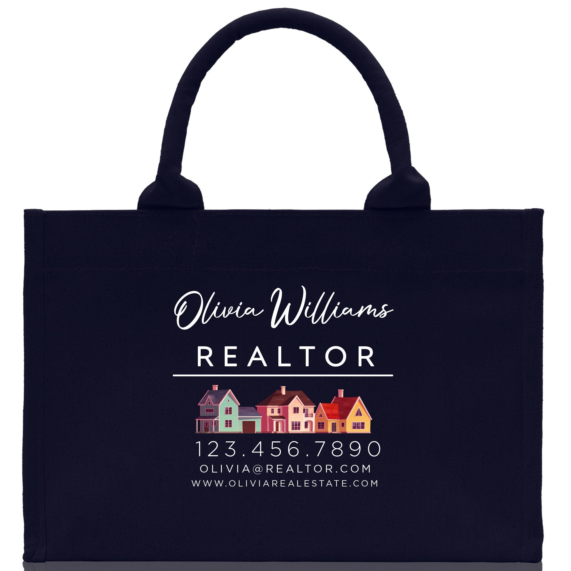 a black shopping bag with a realtor logo on it