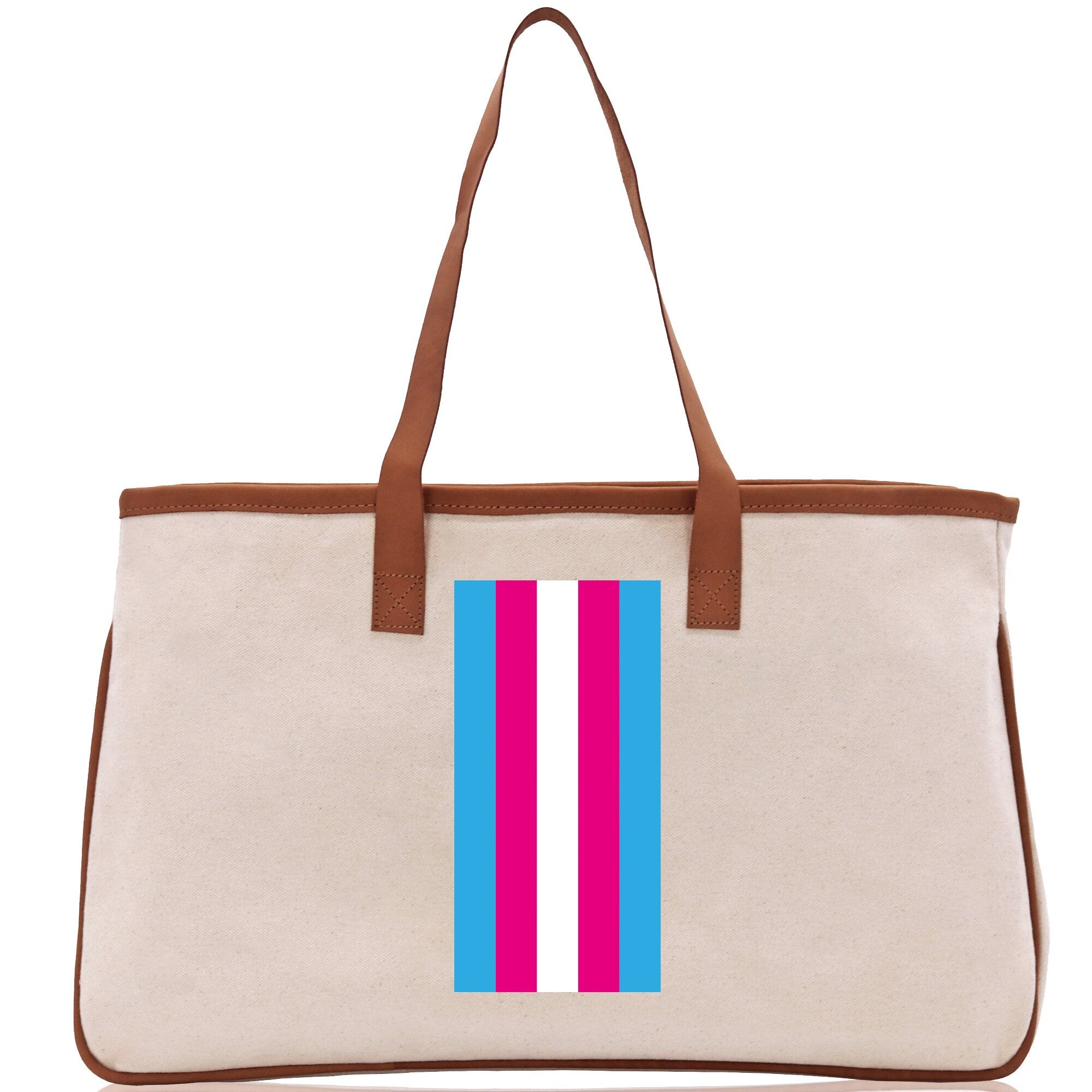 a white bag with a pink, blue, and pink stripe on it