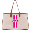 a white bag with pink and white stripes