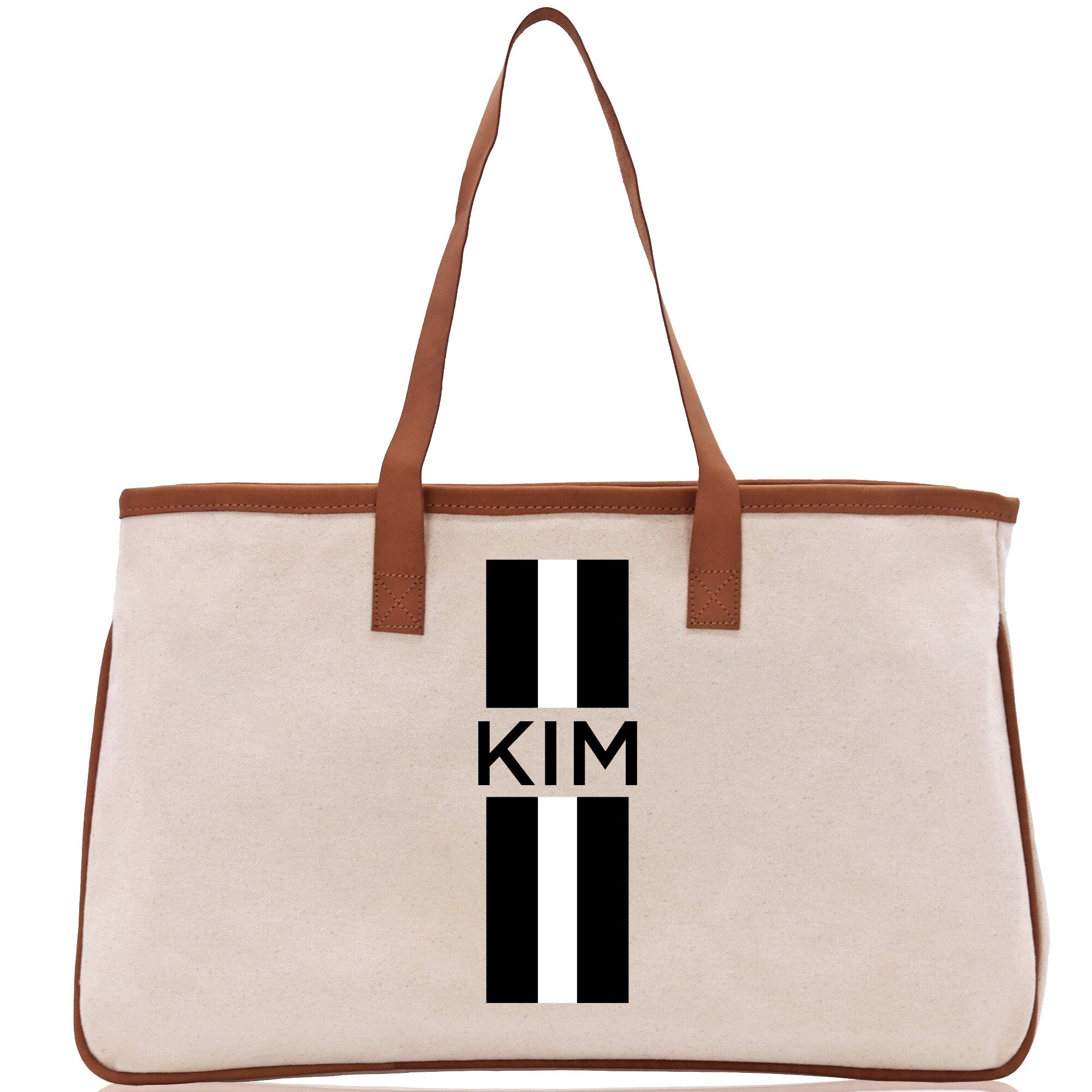 a white and brown bag with a black and white stripe