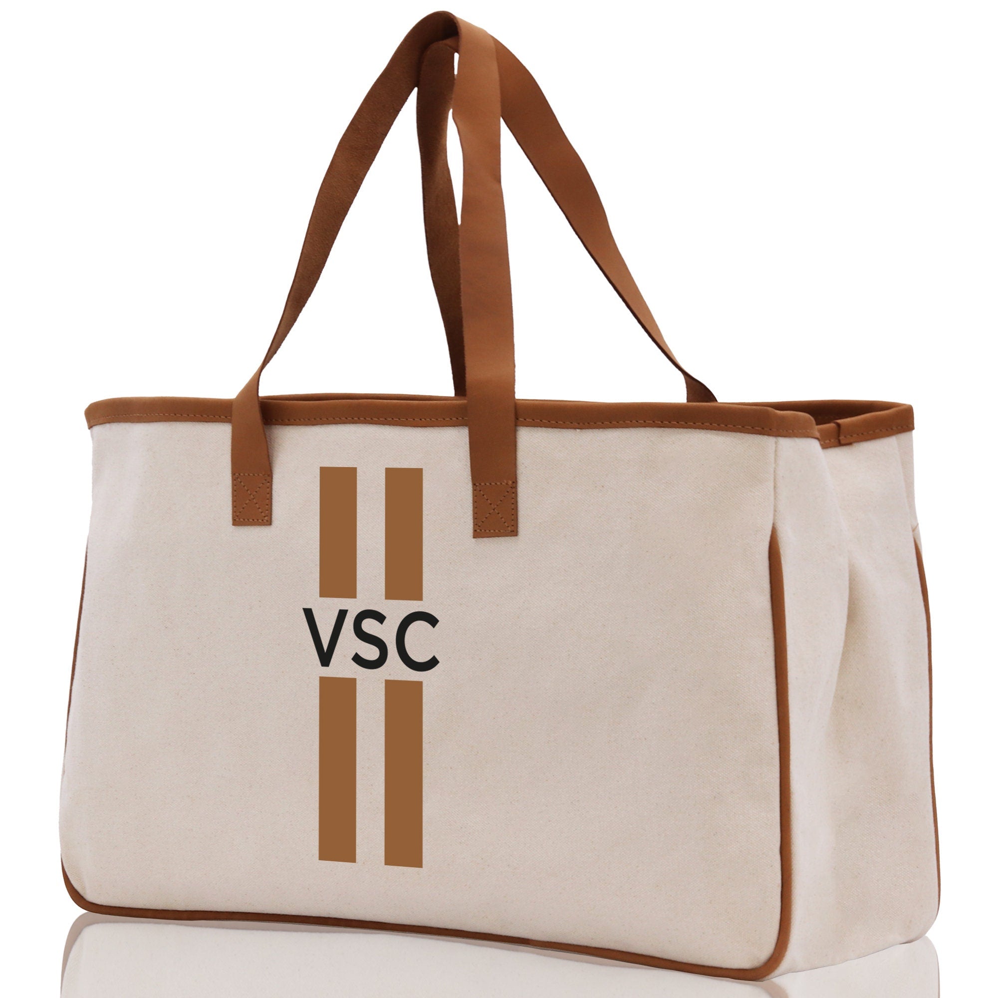 a canvas tote bag with a logo on the side