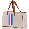 a white bag with a pink, blue, and white stripe on it