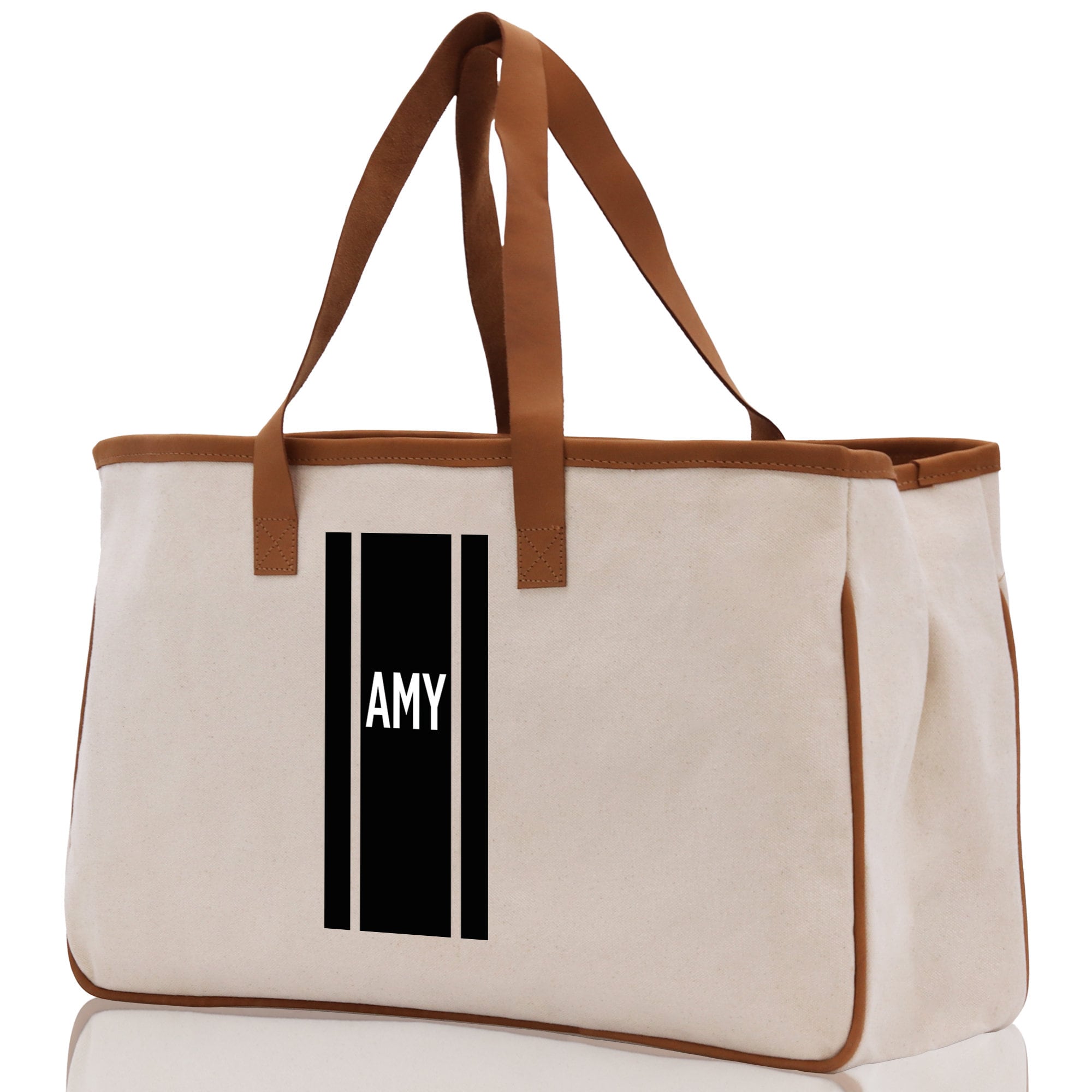 a white bag with a black and white stripe on it