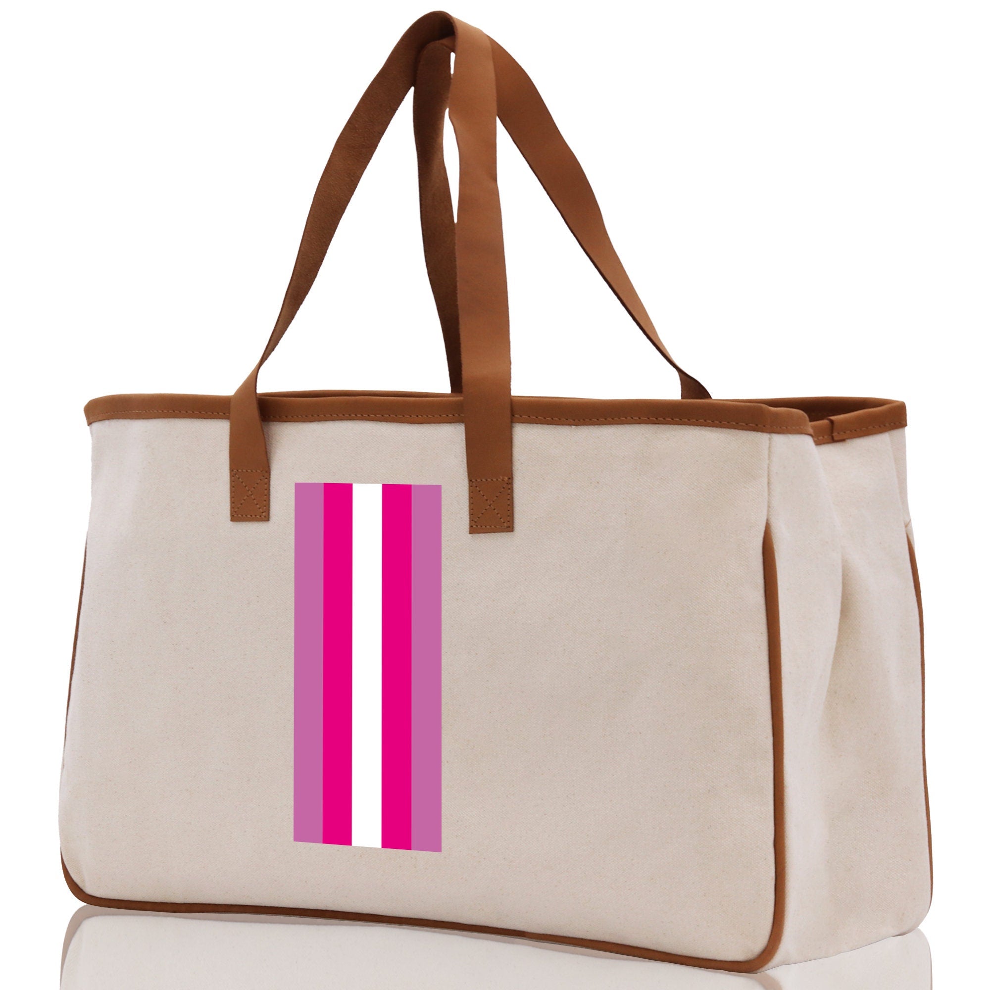 a white bag with a pink stripe on it