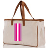 a white bag with a pink stripe on it