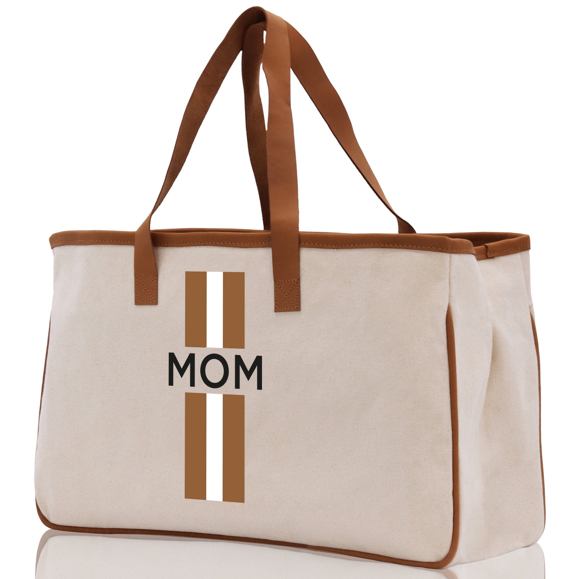 a white bag with a brown stripe and the word mom on it