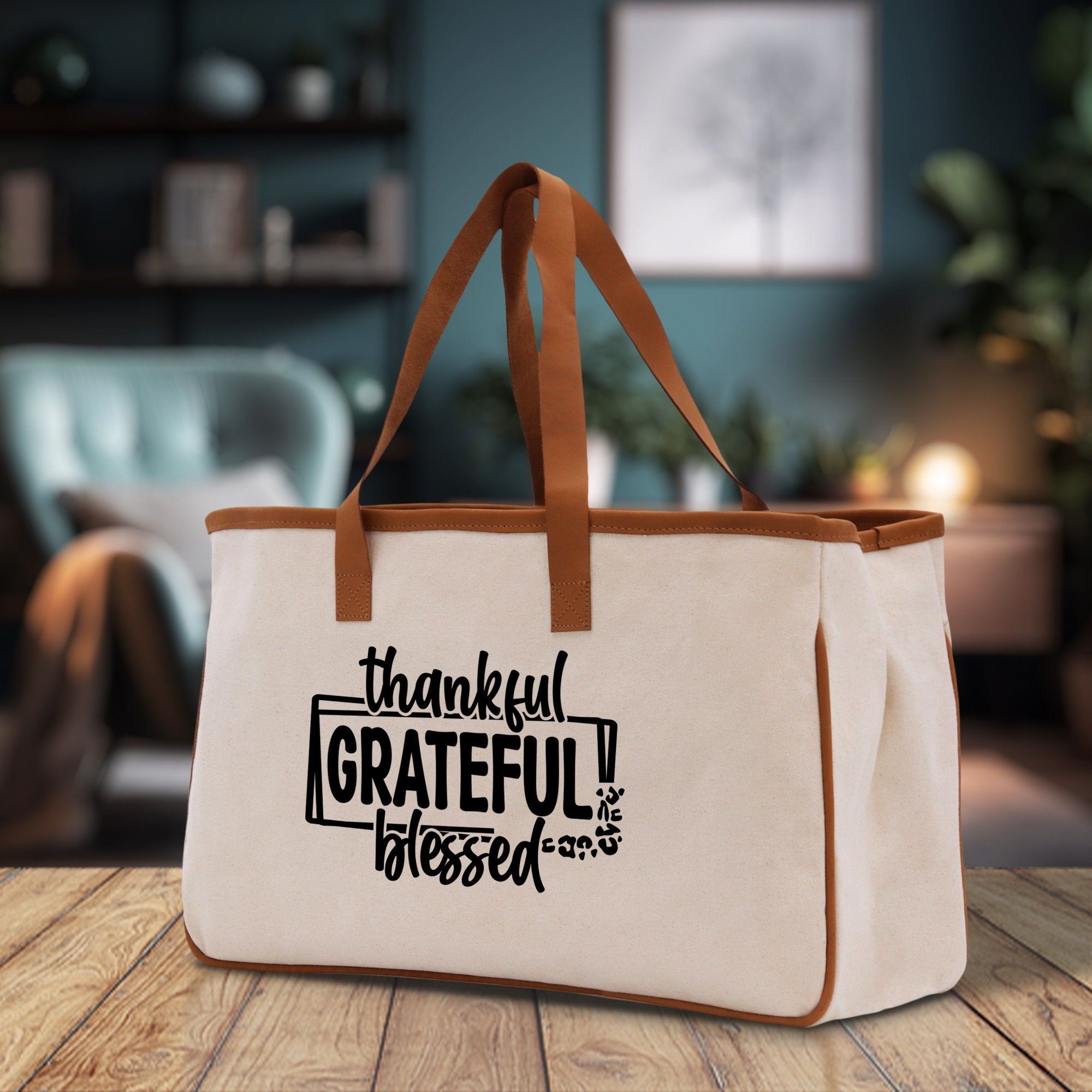 Thankful Grateful Blessed Cotton Canvas Tote Bag Thanksgiving Bag Autumn Fall Vibes Bag Motivational Bag Blessed Bag Fall Market Grocery Bag