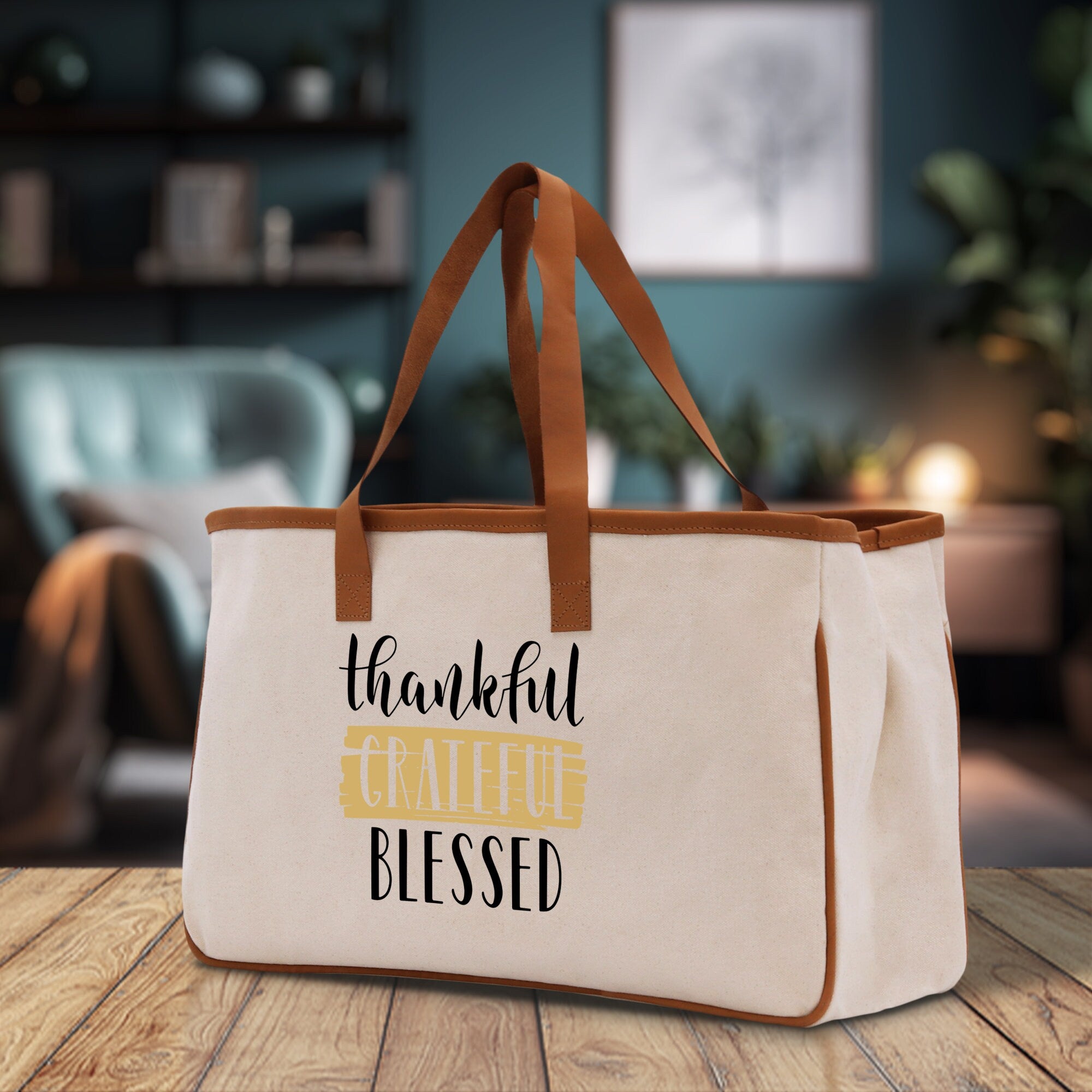 Thankful Grateful Blessed Cotton Canvas Tote Bag Thanksgiving Bag Autumn Fall Vibes Bag Motivational Bag Blessed Bag Fall Market Grocery Bag