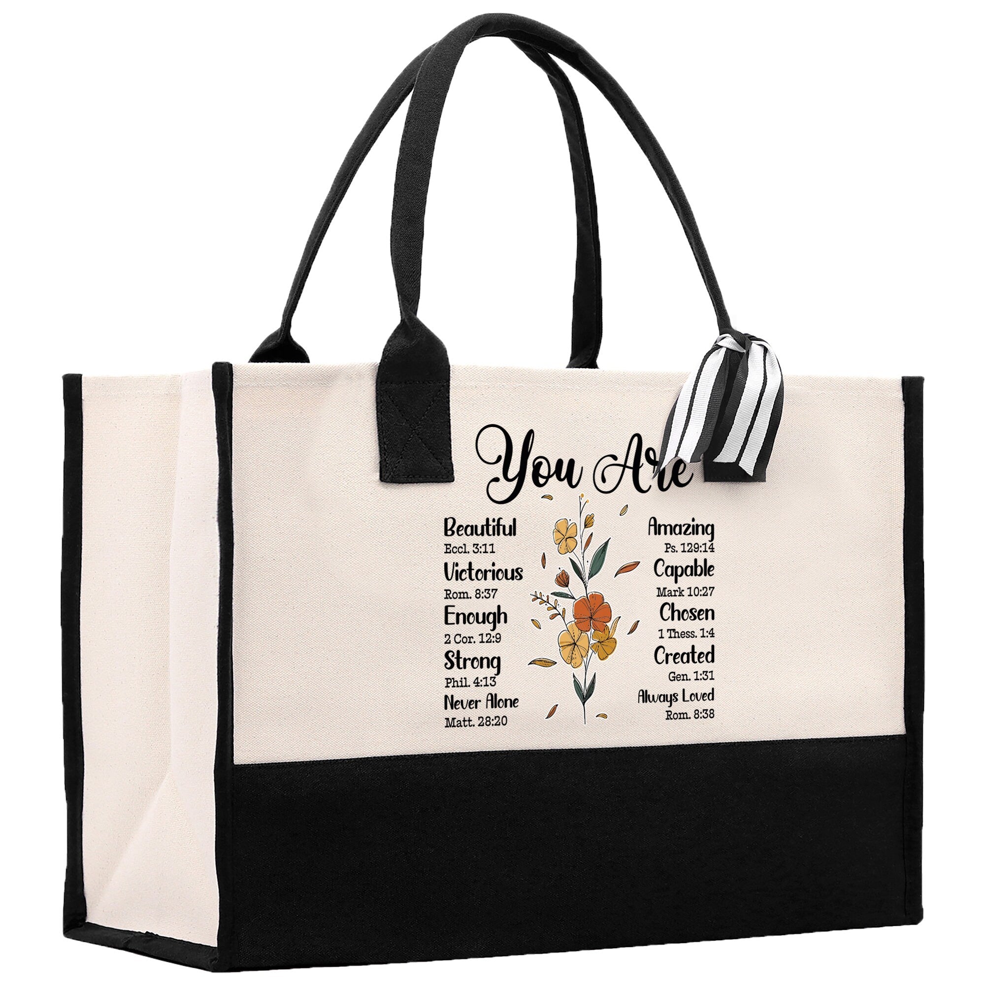 a black and white tote bag with the words you are