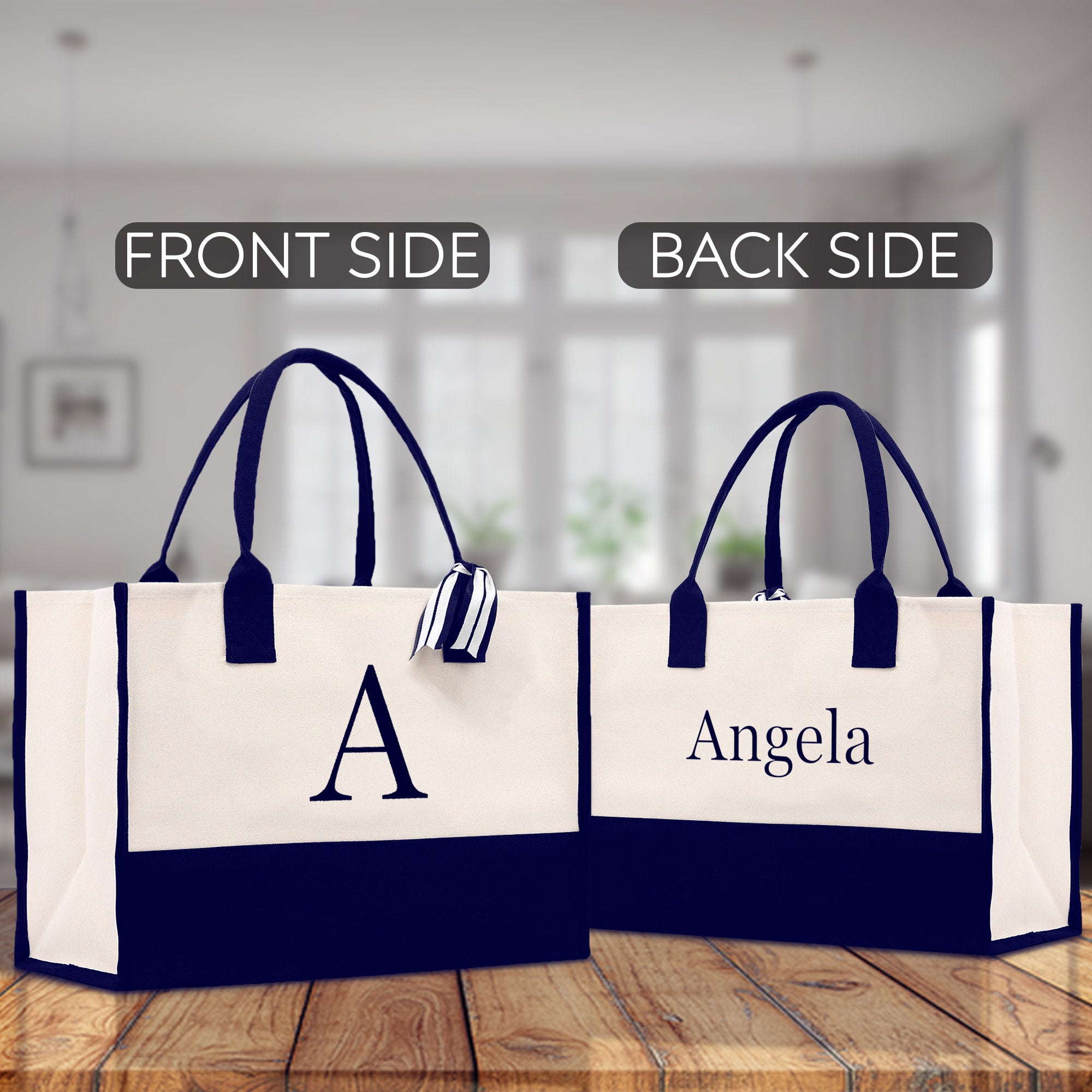 two personalized shopping bags sitting on a table