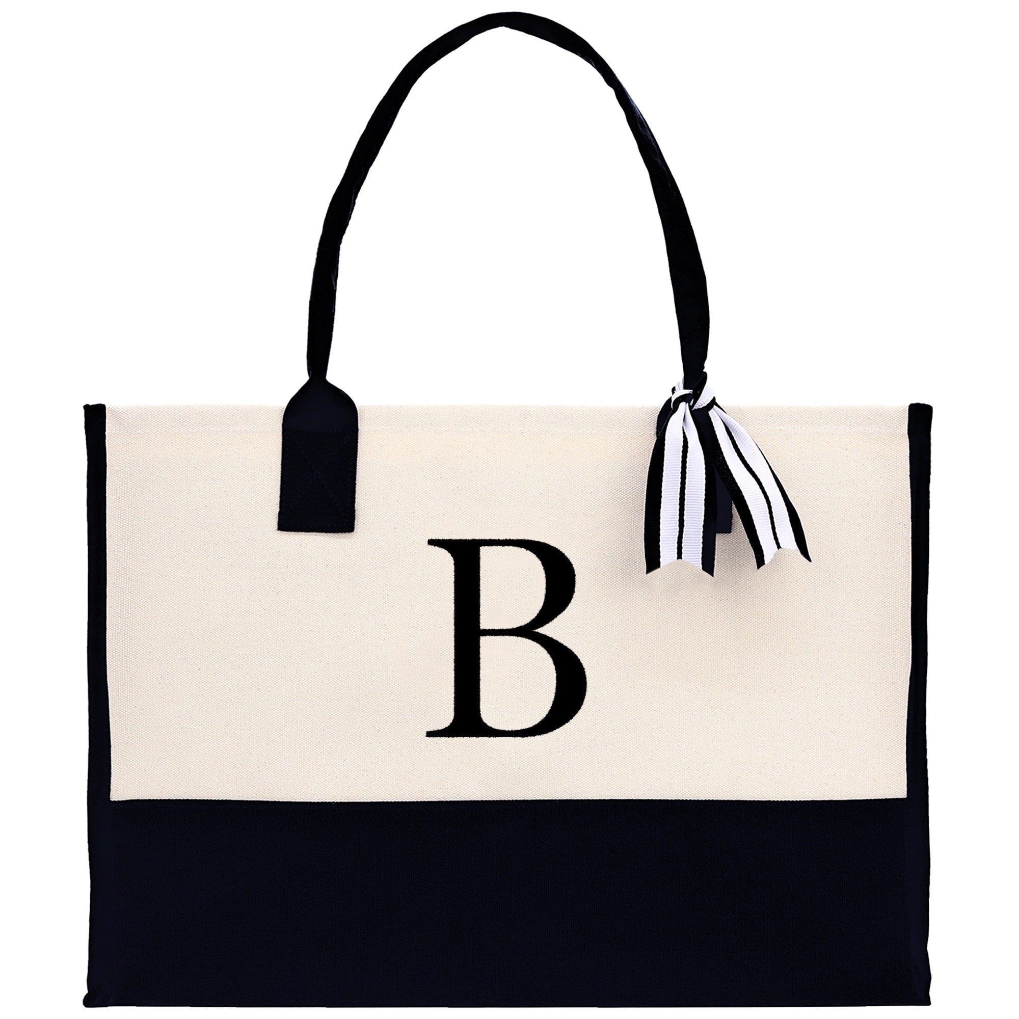 a black and white tote bag with a monogrammed b on the front