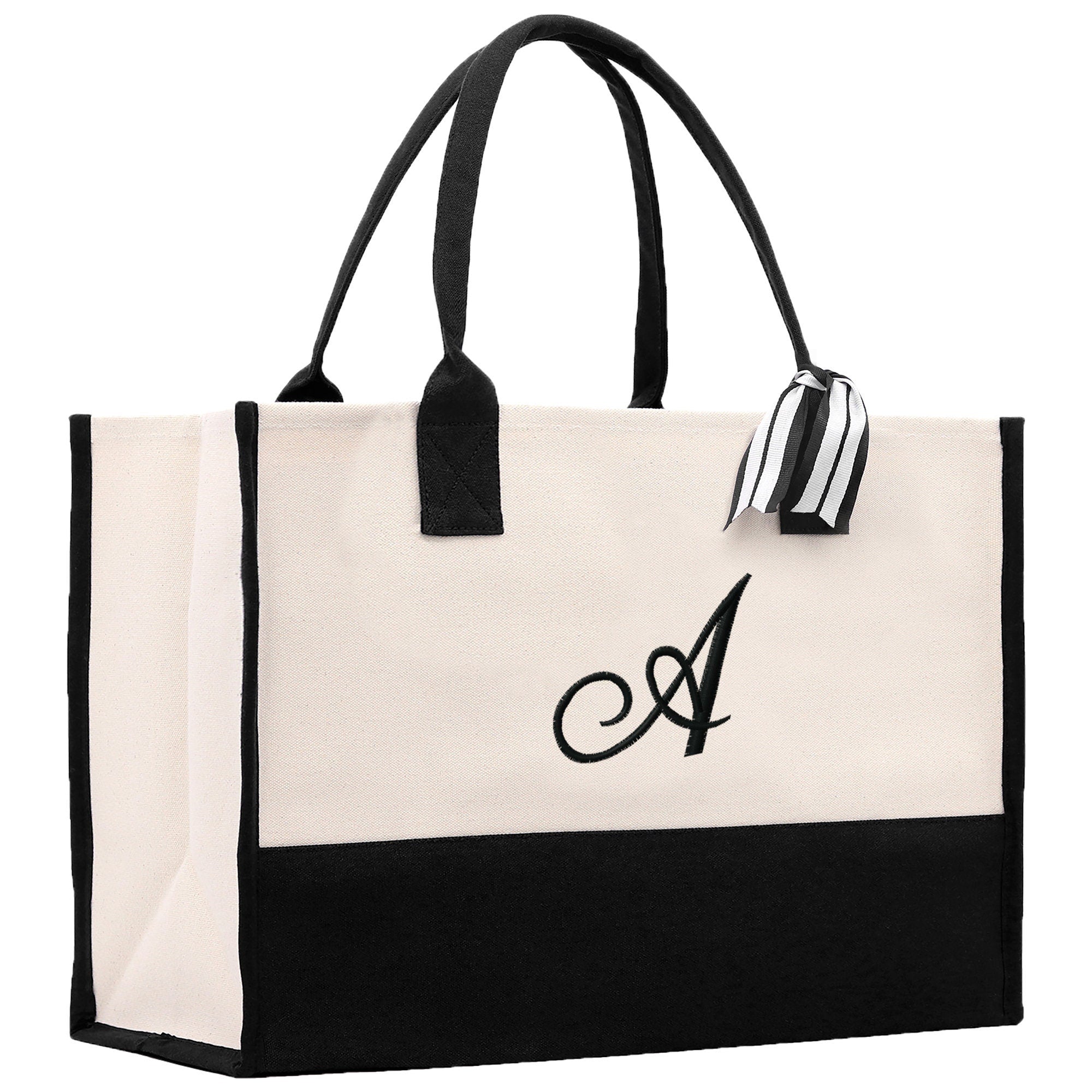 a black and white bag with a monogrammed letter