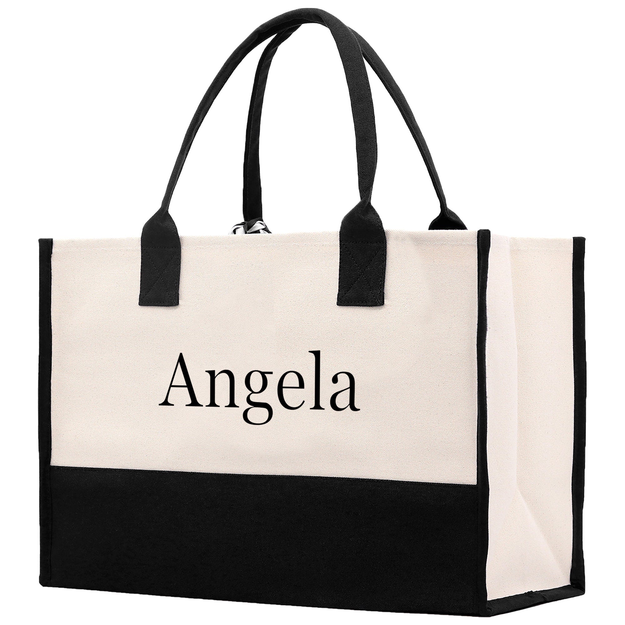 a black and white tote bag with the word angelo on it