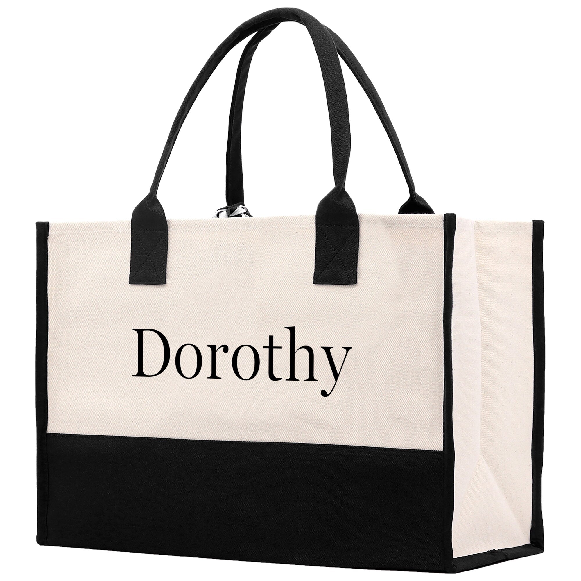 a black and white tote bag with the word dorothy printed on it