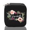 a black case with pink flowers and the word elizabeth on it