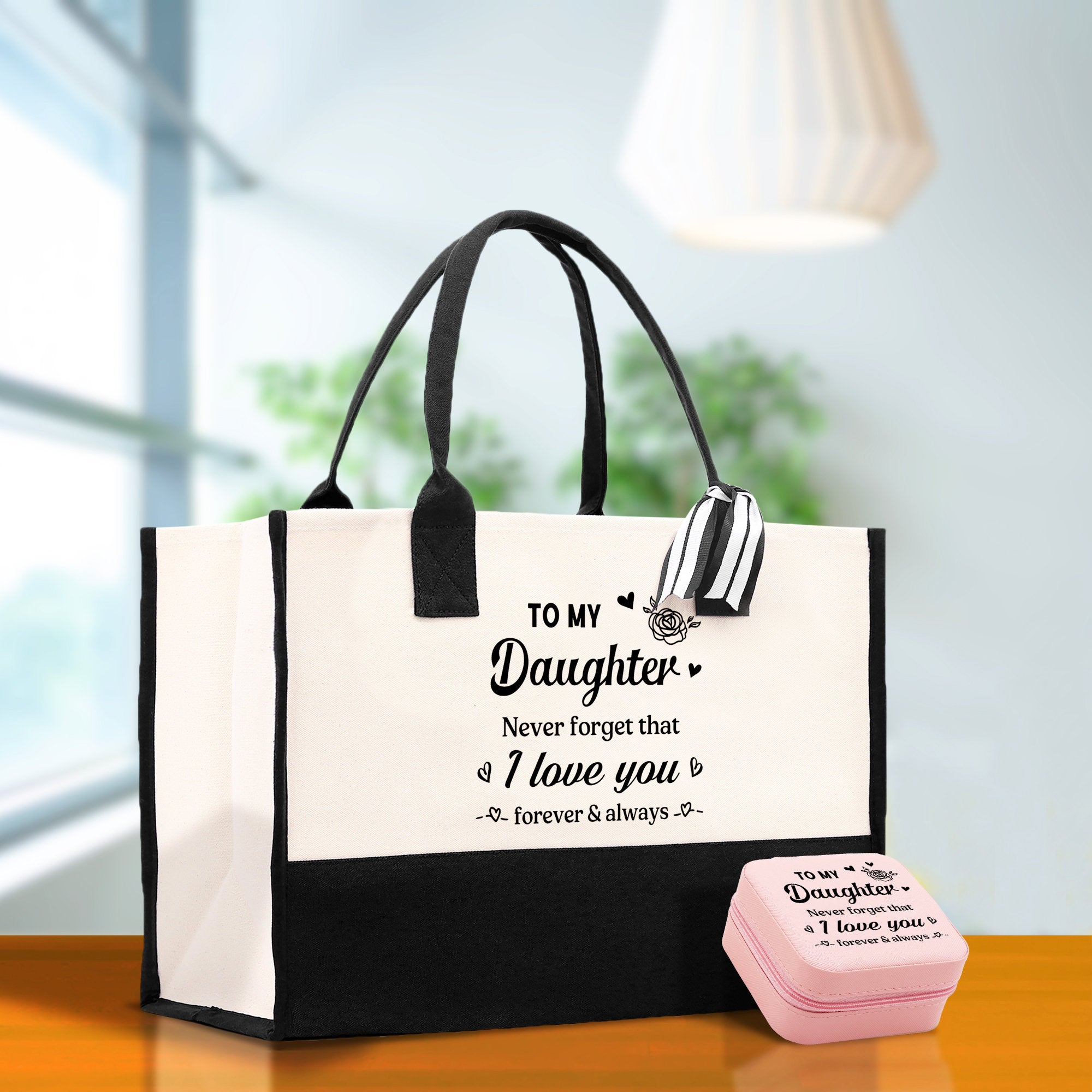 a tote bag sitting on top of a wooden table