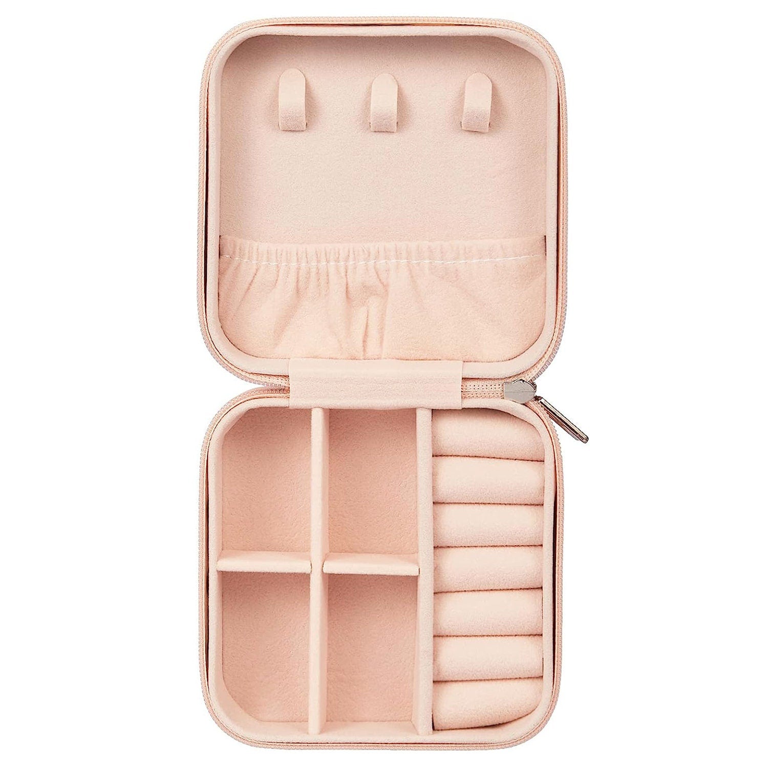 a pink case with compartments for jewelry