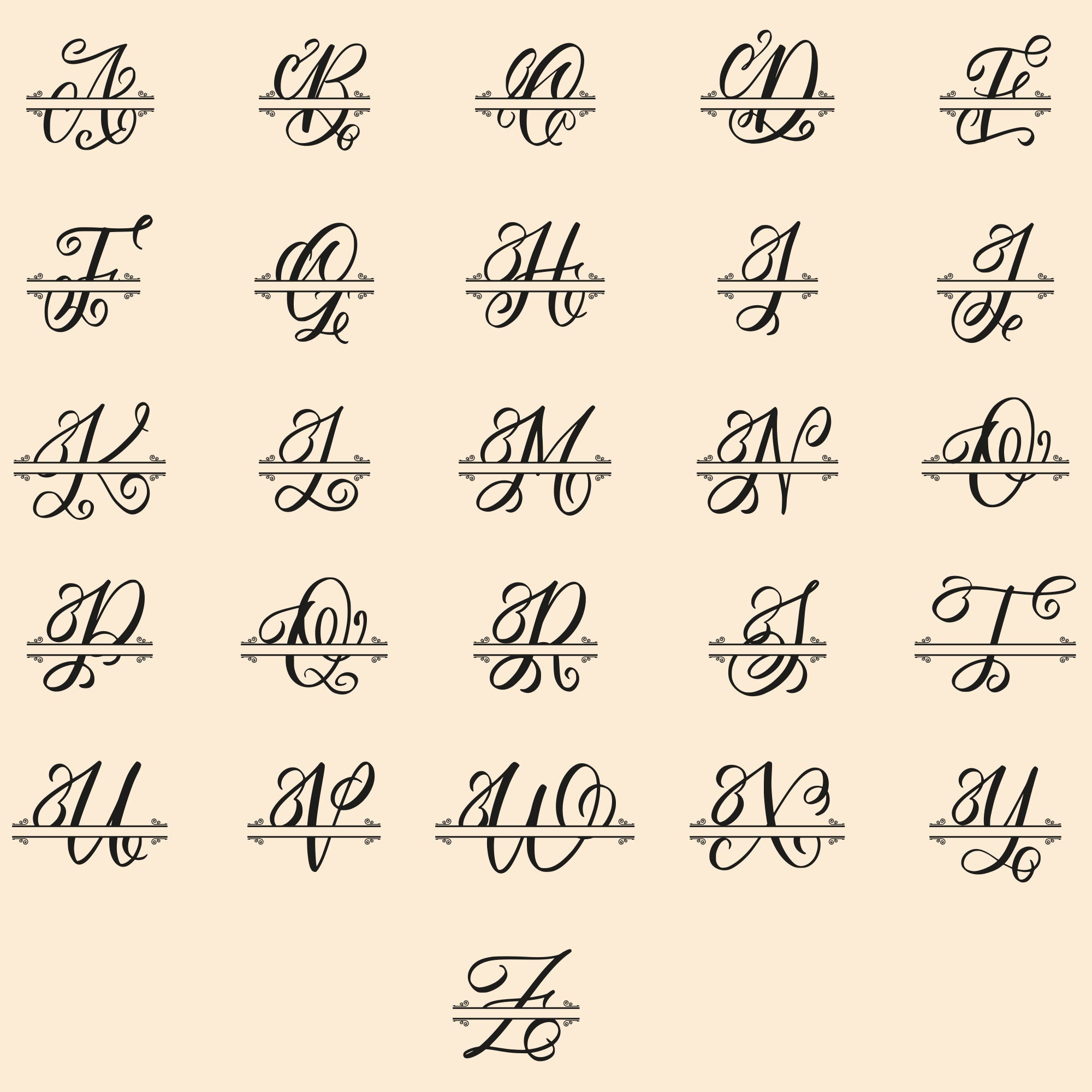 a large set of cursive numbers with different letters