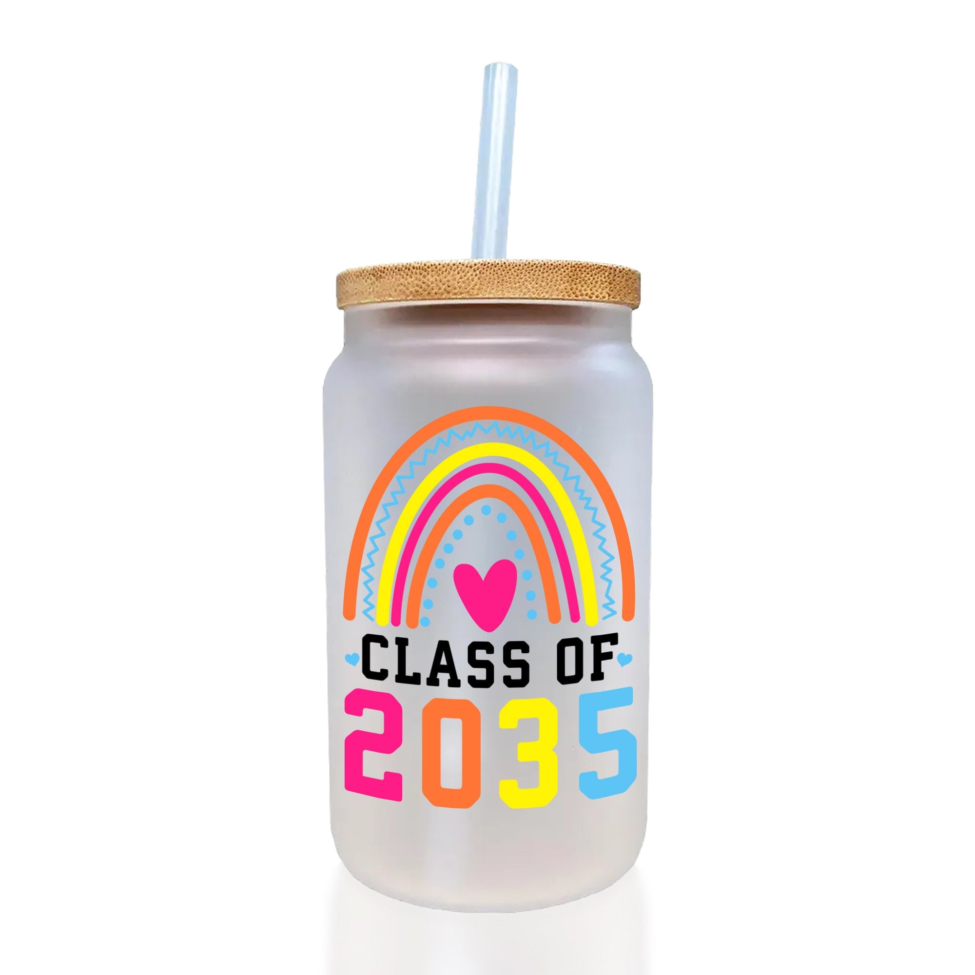 a glass with a straw in it that says class of 205