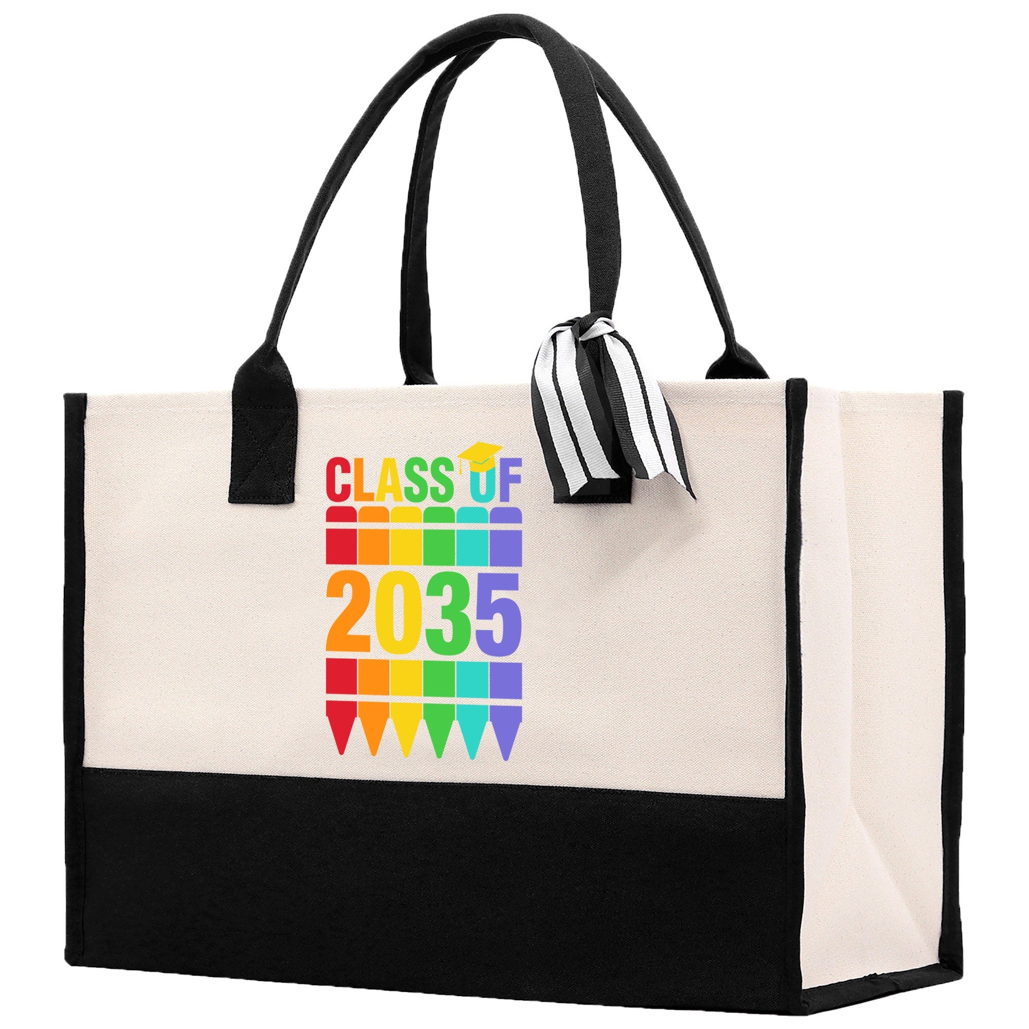 a black and white bag with a rainbow design