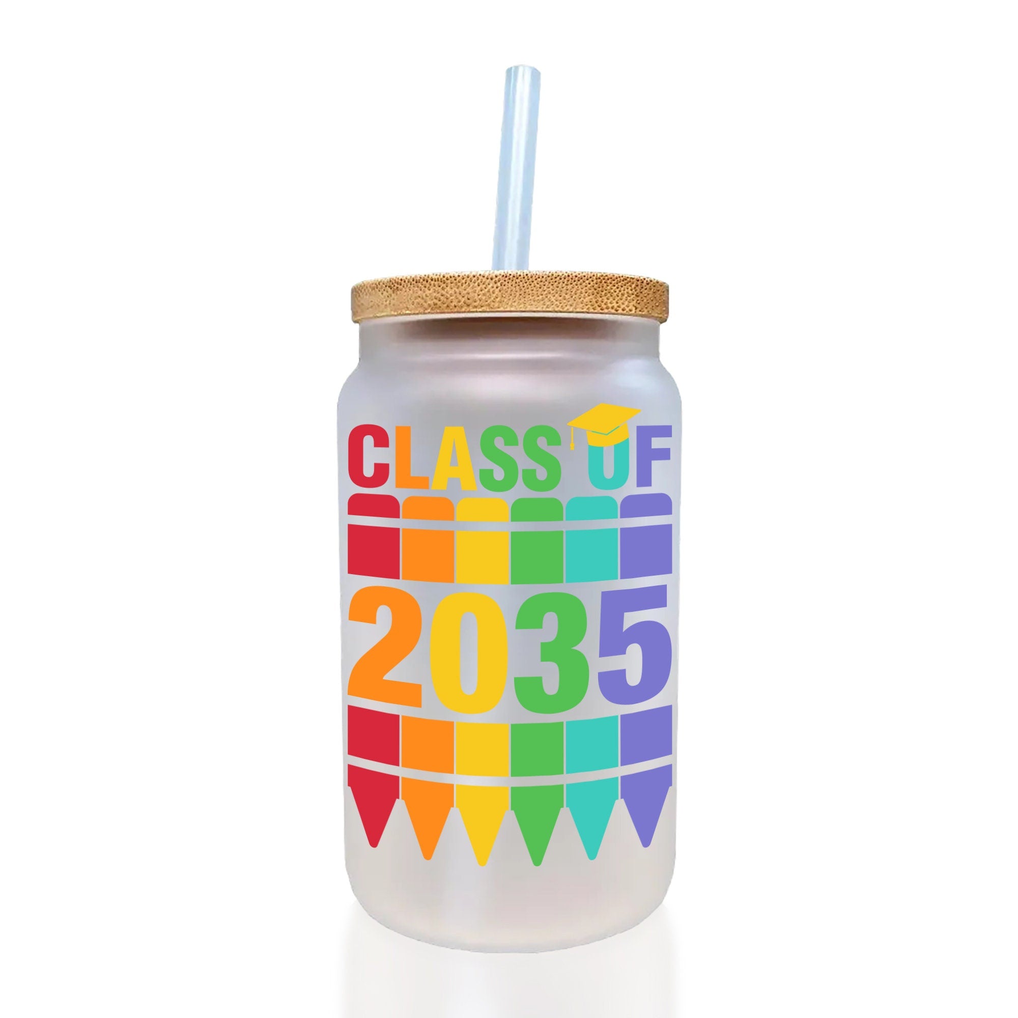 a glass with a straw in it that says class of 2013