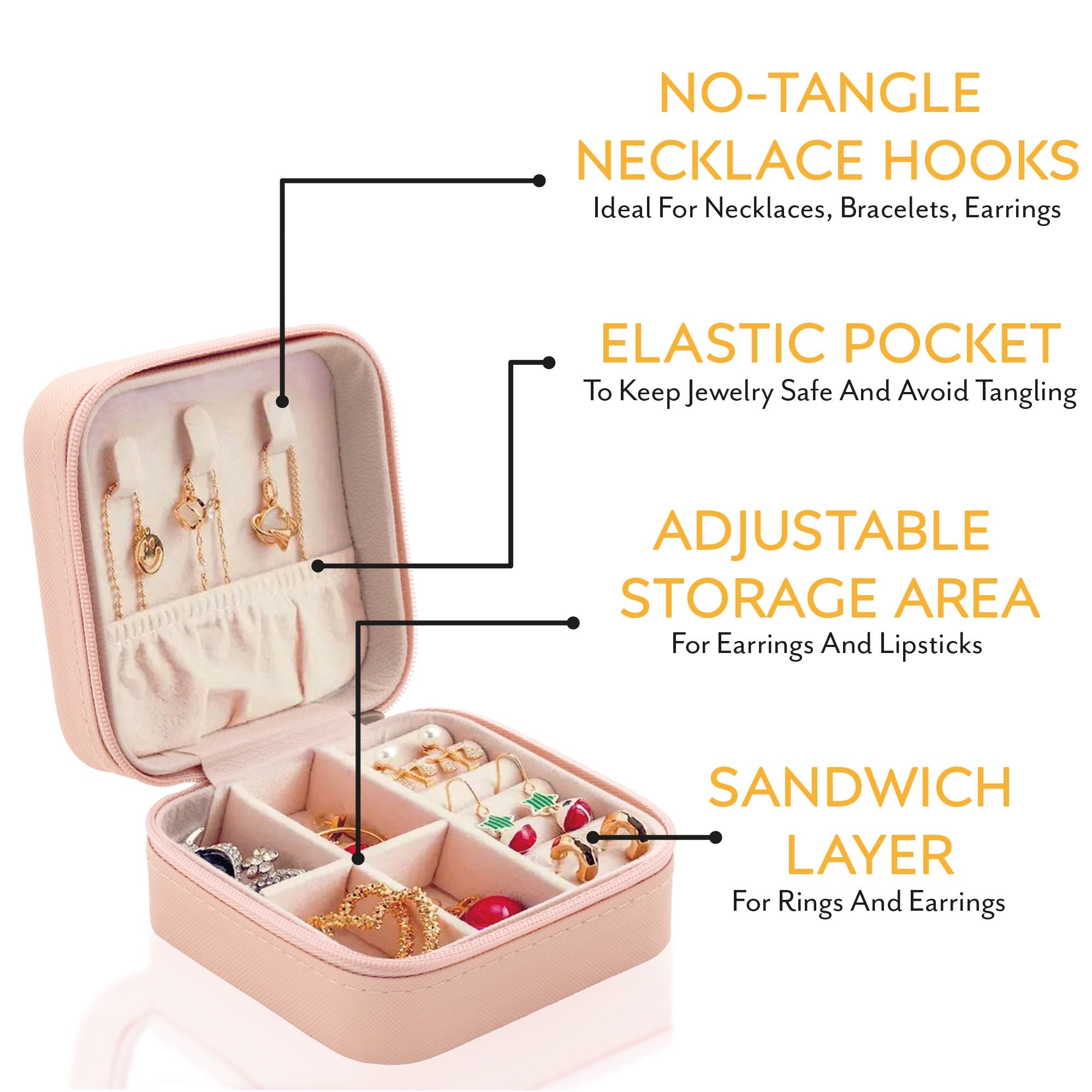 the inside of a pink case with jewelry inside